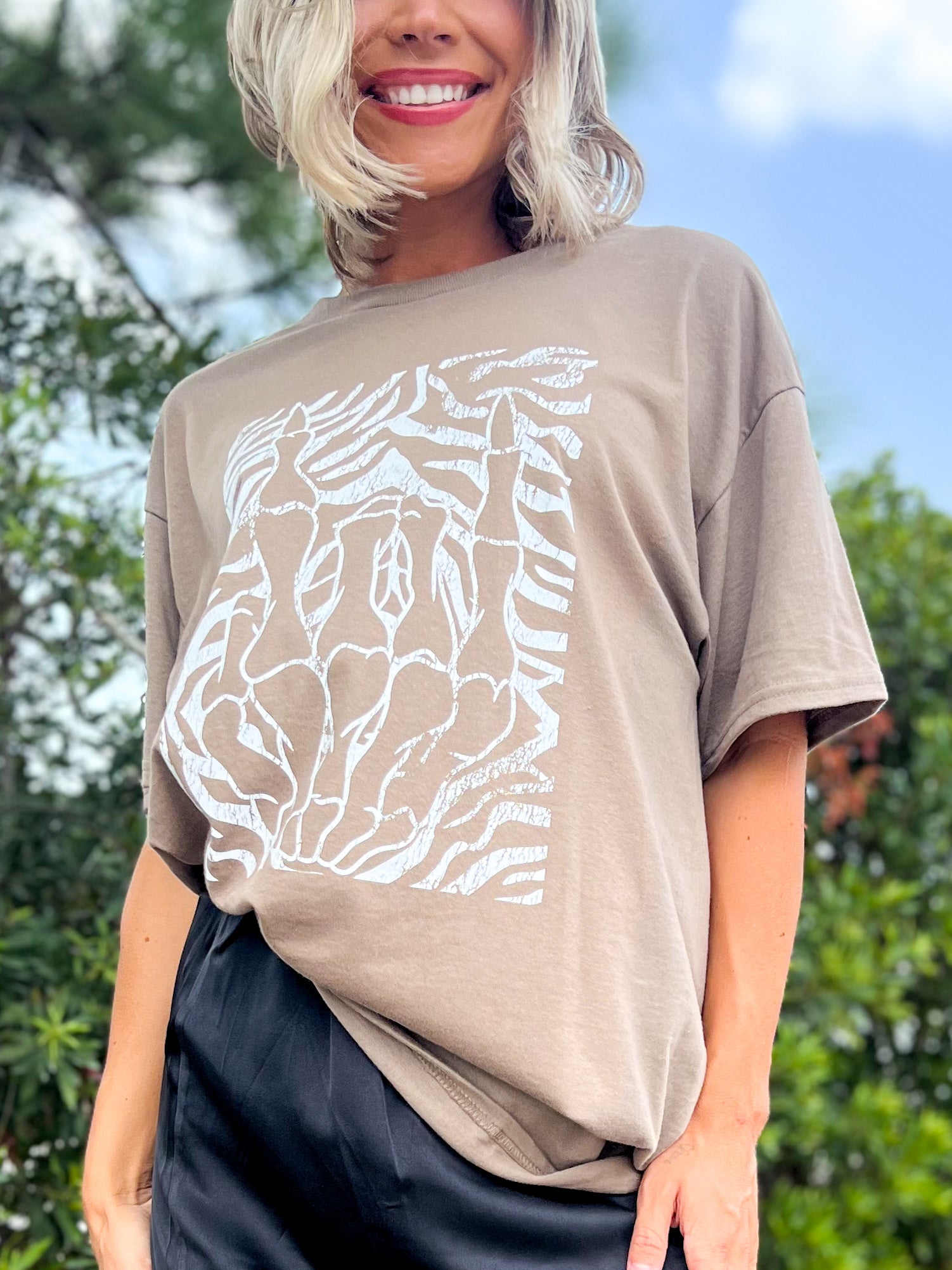 Zebra Skeleton Rock On Graphic Tee-130 Graphic Tees-Heathered Boho-Heathered Boho Boutique, Women's Fashion and Accessories in Palmetto, FL