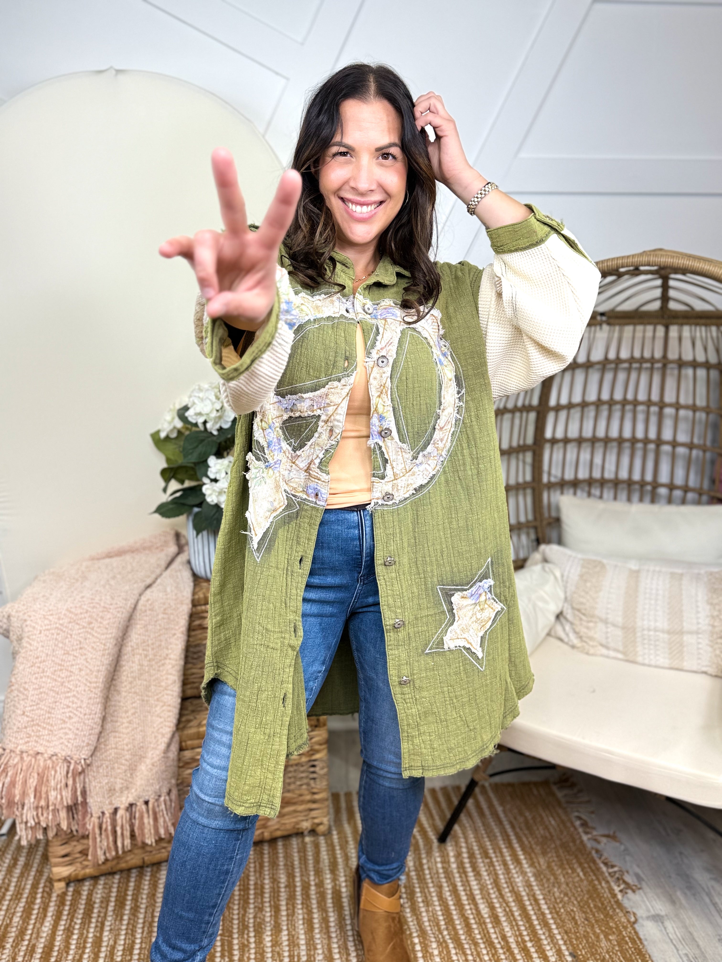 Peace Out Shacket-200 Jackets/Shackets-POL-Heathered Boho Boutique, Women's Fashion and Accessories in Palmetto, FL