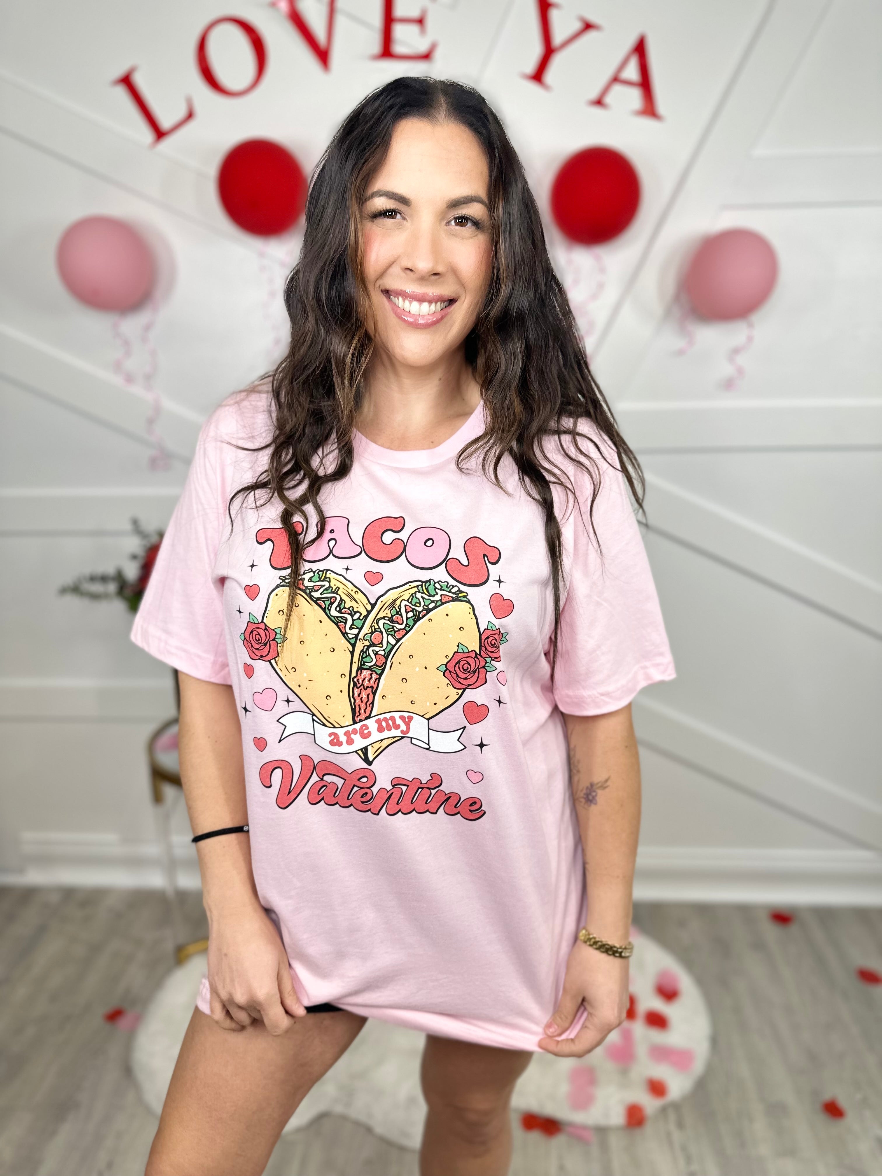 Tacos are my Valentine Graphic Tee - Pink-130 Graphic Tees-Heathered Boho-Heathered Boho Boutique, Women's Fashion and Accessories in Palmetto, FL