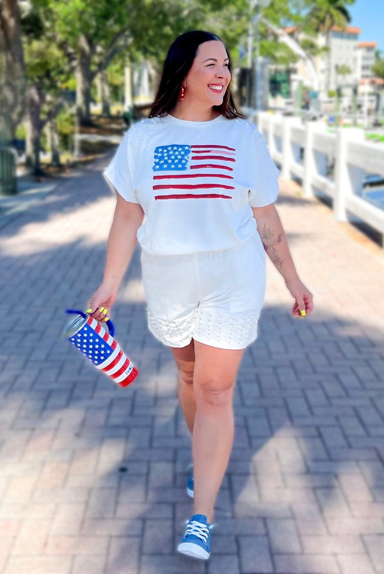 Watercolor American Flag Set-110 Short Sleeve Top-Southern Grace-Heathered Boho Boutique, Women's Fashion and Accessories in Palmetto, FL