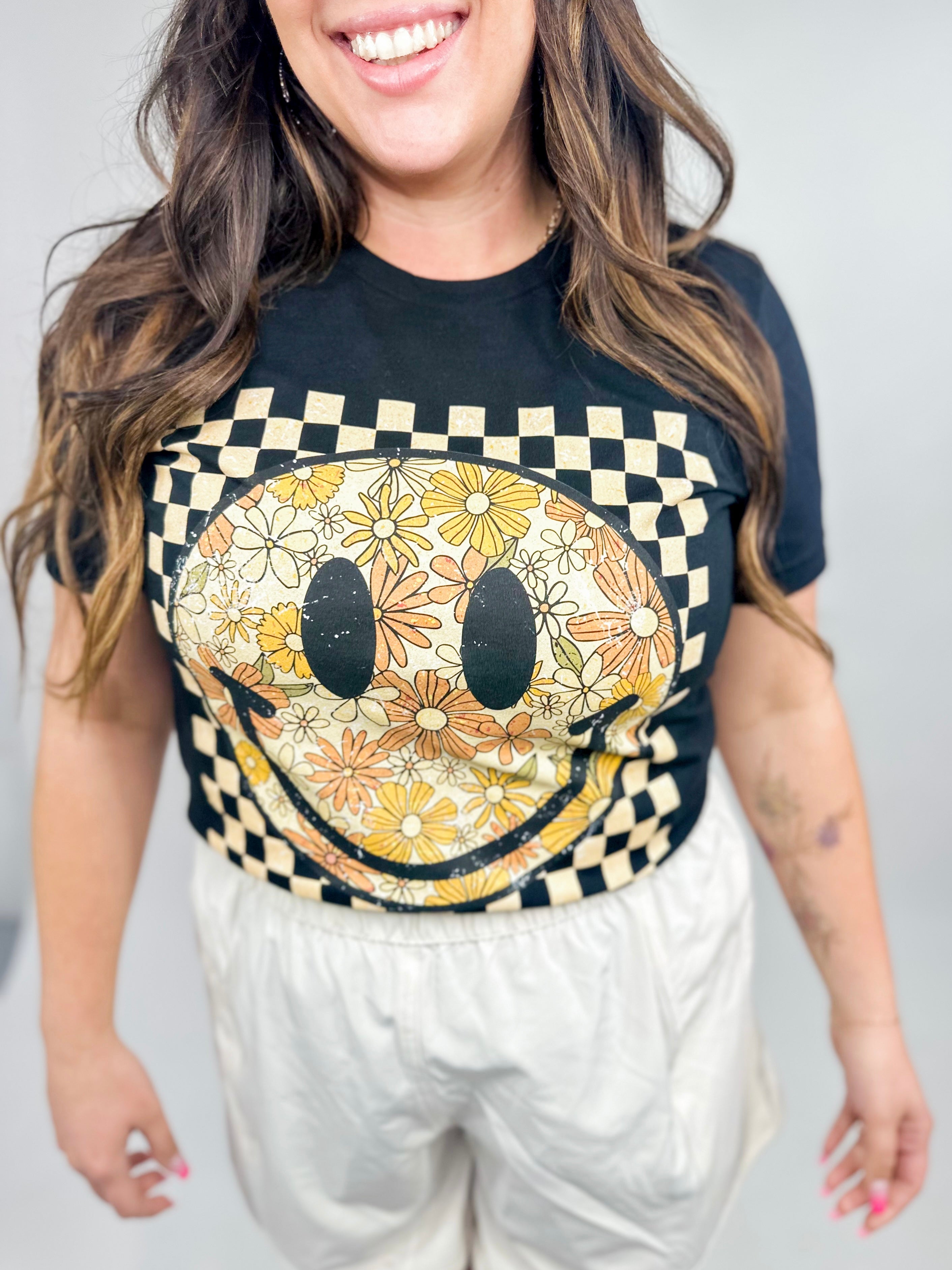 Autumn Checkered Smiley Graphic Tee-130 Graphic Tees-Heathered Boho-Heathered Boho Boutique, Women's Fashion and Accessories in Palmetto, FL