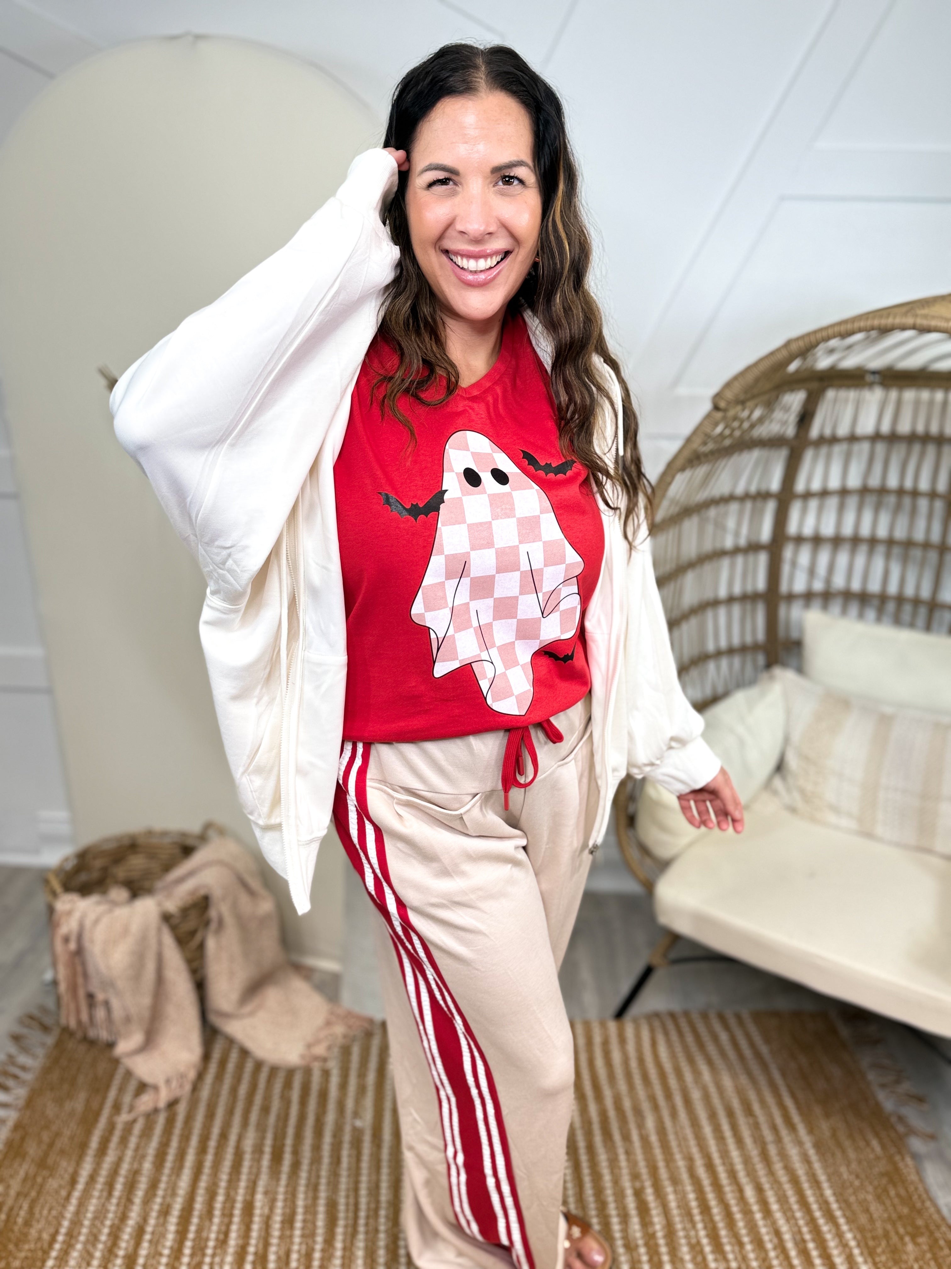 Bats and Checkered Ghost Graphic V-Neck Tee-130 Graphic Tees-Heathered Boho-Heathered Boho Boutique, Women's Fashion and Accessories in Palmetto, FL