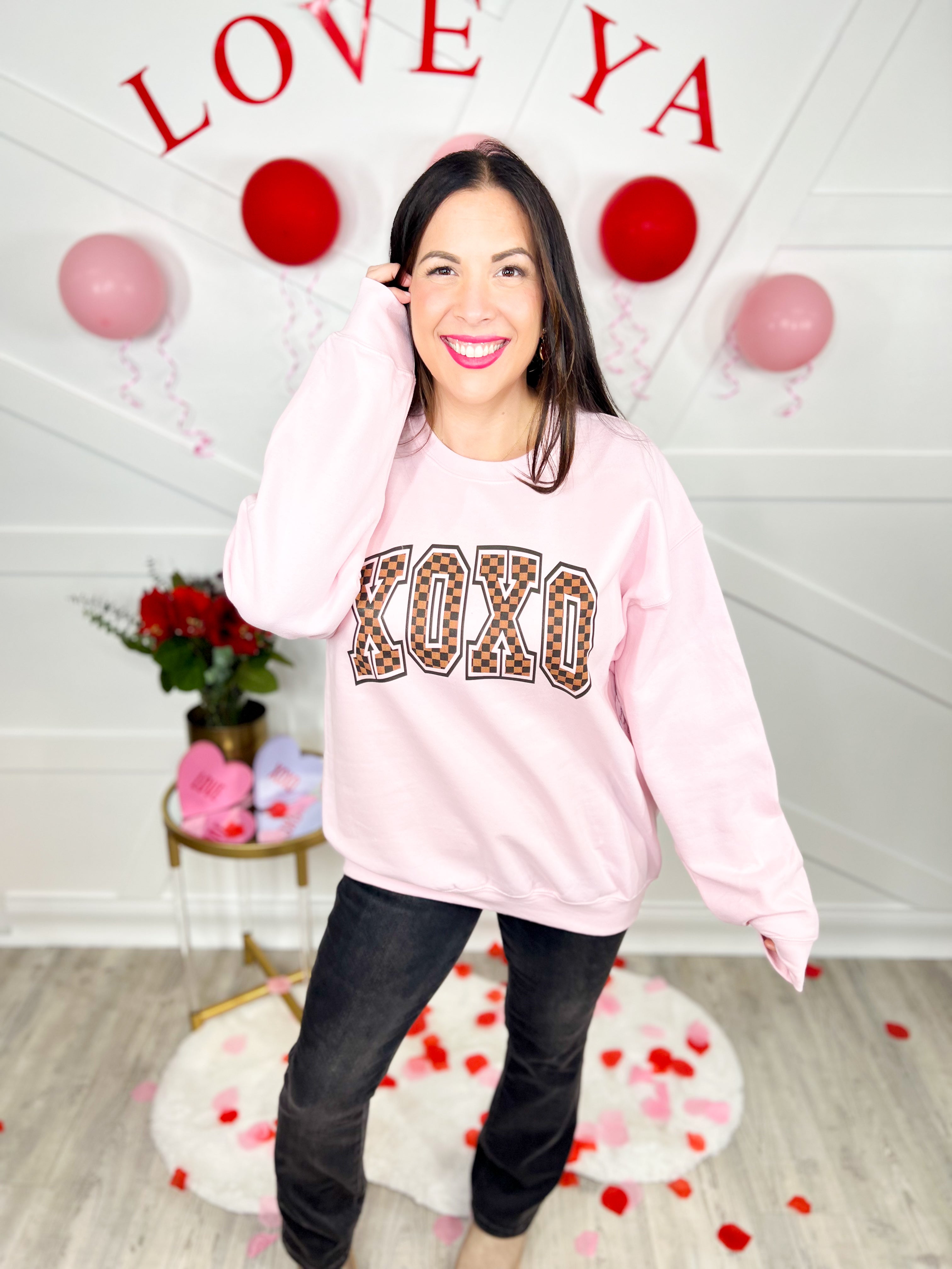 Brown Checkered XOXO Graphic Sweatshirt-125 Sweater-Heathered Boho-Heathered Boho Boutique, Women's Fashion and Accessories in Palmetto, FL