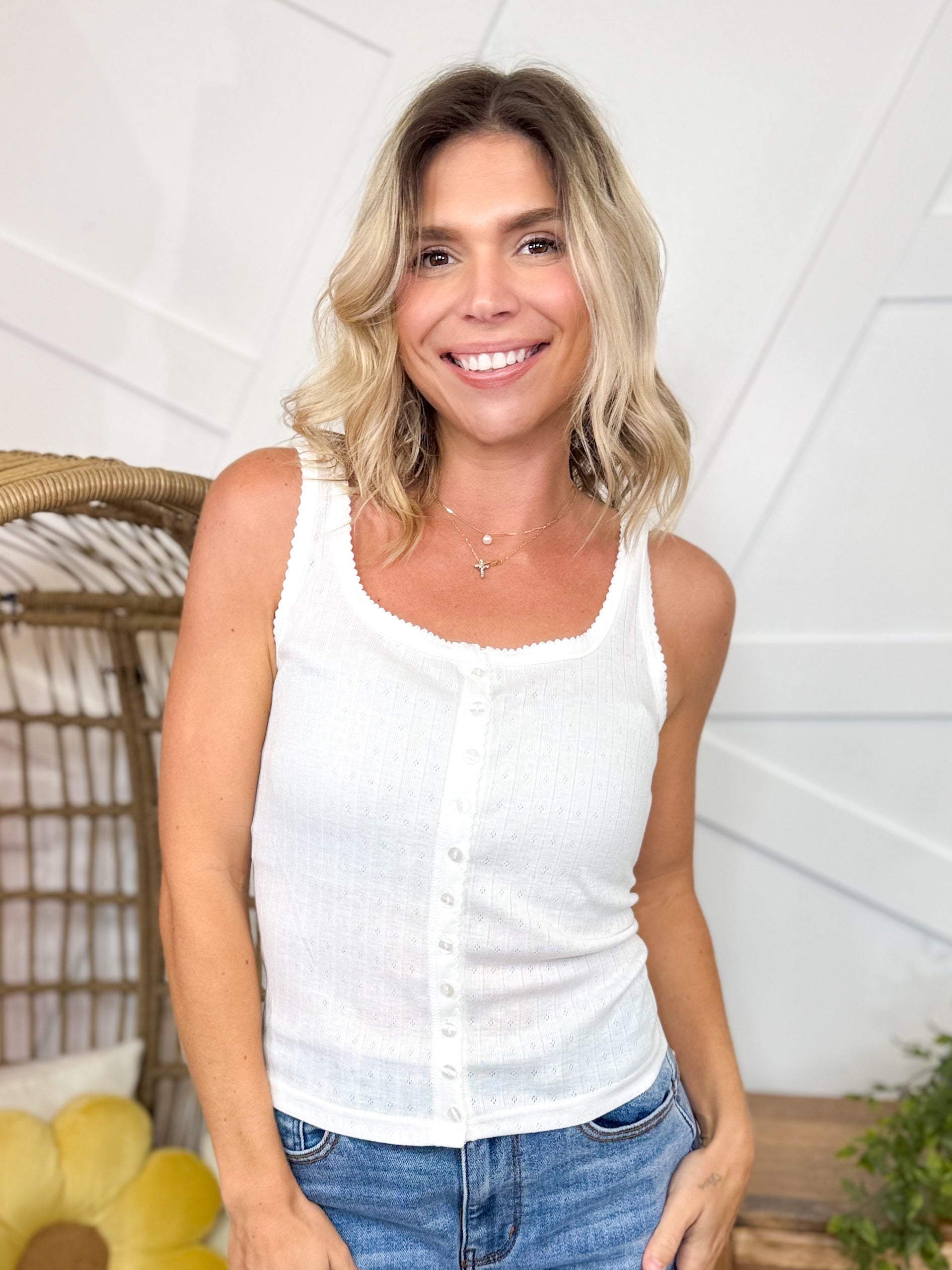 Sweet Lace Trim Button Tank-100 TANK/CROP TOPS-POLAGRAM-Heathered Boho Boutique, Women's Fashion and Accessories in Palmetto, FL
