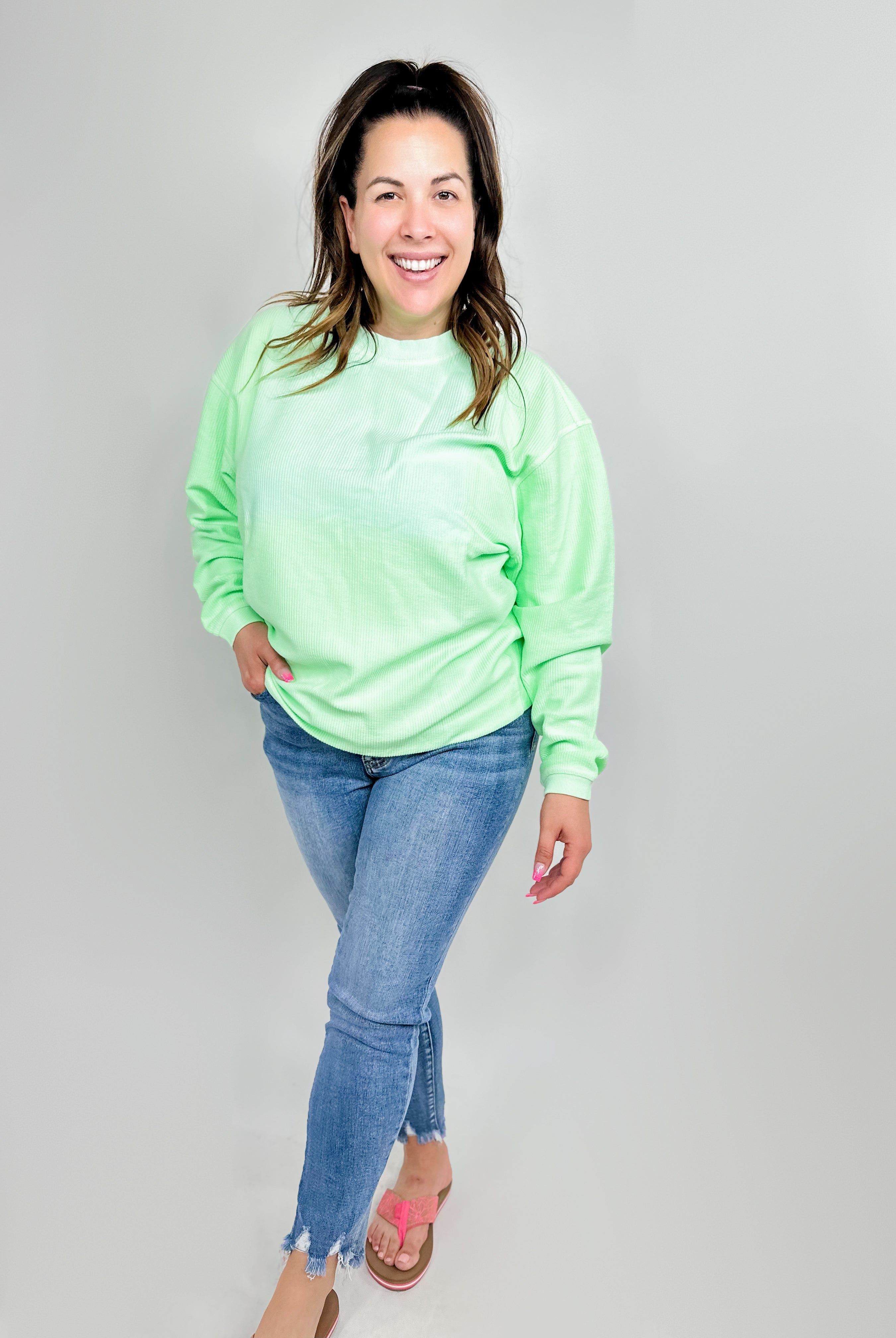 Neon Lime Essential Luxe Crew Sweatshirt-120 Long Sleeve Tops-Moon Ryder-Heathered Boho Boutique, Women's Fashion and Accessories in Palmetto, FL