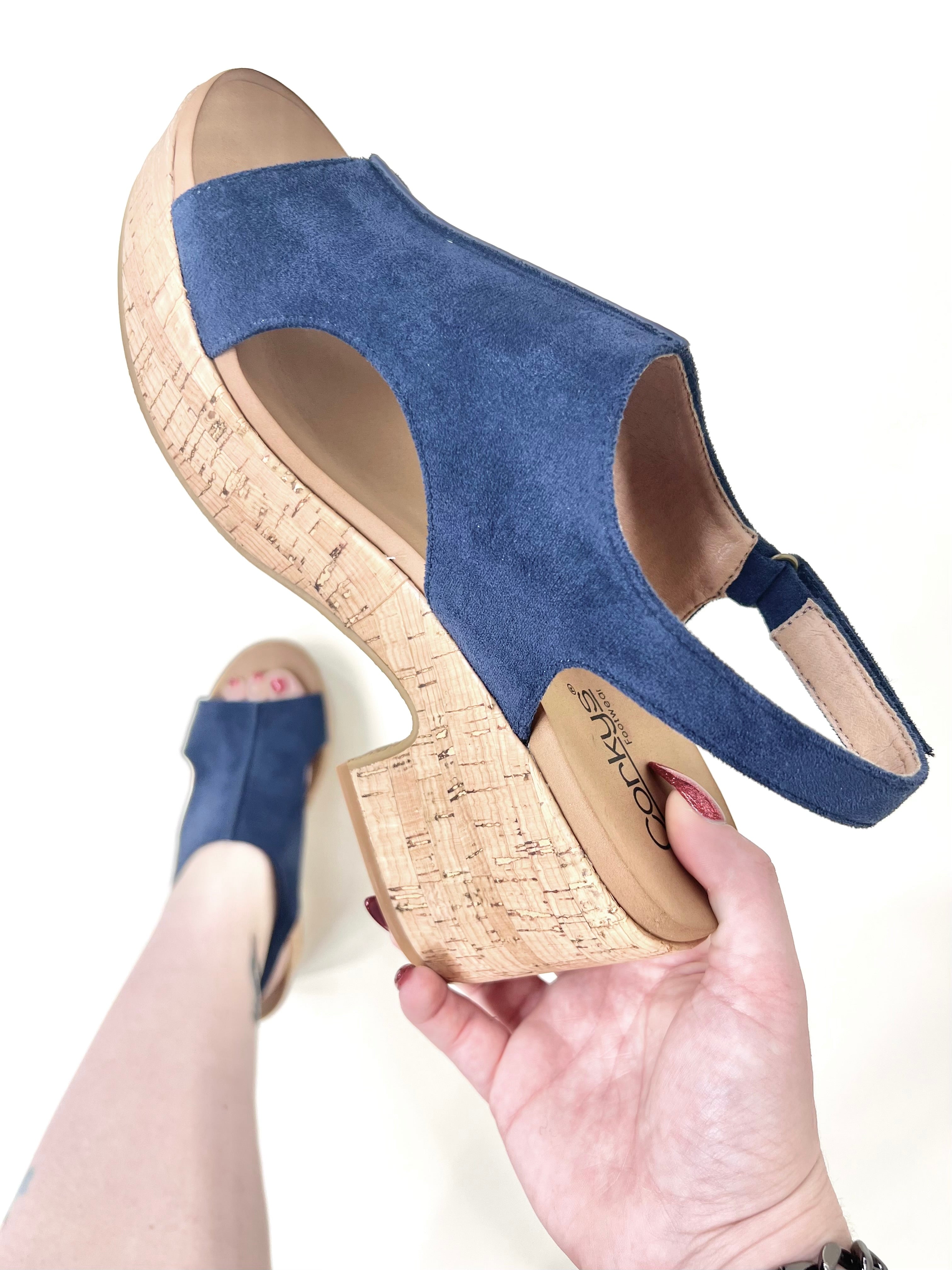 Navy Faux Suede Miss Carley Wedges-350 Shoes-Corkys-Heathered Boho Boutique, Women's Fashion and Accessories in Palmetto, FL