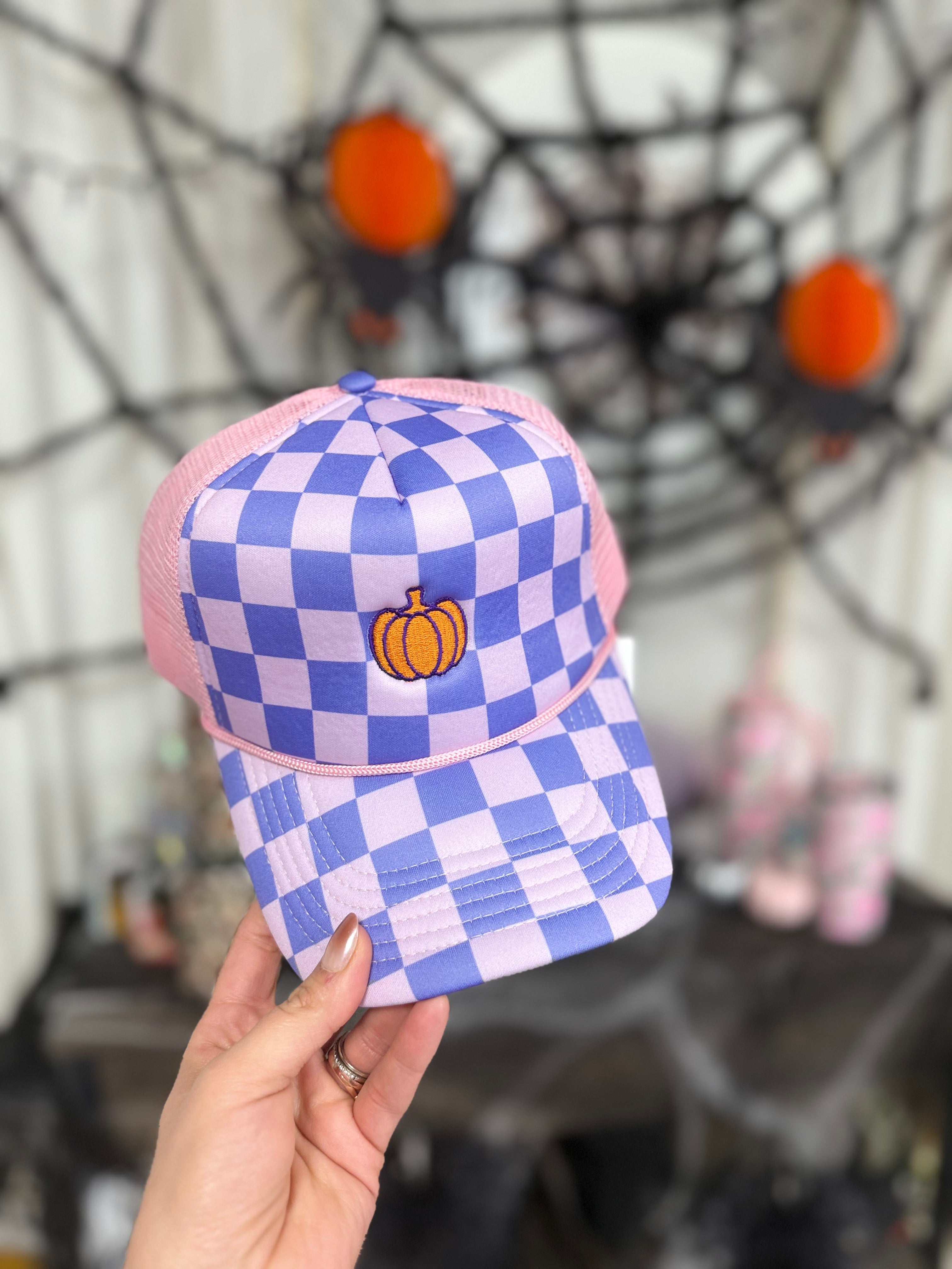 Purple Checkered Pumpkin Hat-330 Headwear-Poppy & Pine-Heathered Boho Boutique, Women's Fashion and Accessories in Palmetto, FL