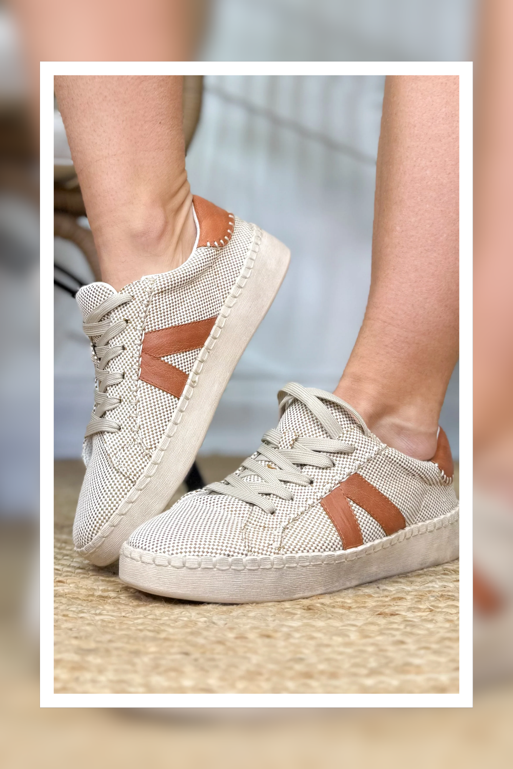 Beige sneakers with brown accents worn by a person on a blurred background | Heathered Boho Boutique | Palmetto, FL