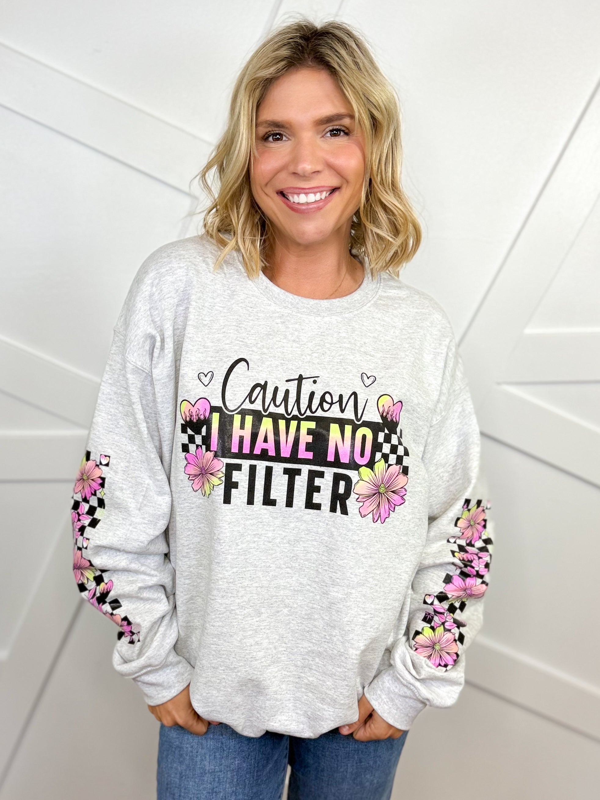 I Have No Filter Double Sleeve Graphic Sweatshirt-130 Graphic Tees-Heathered Boho-Heathered Boho Boutique, Women's Fashion and Accessories in Palmetto, FL