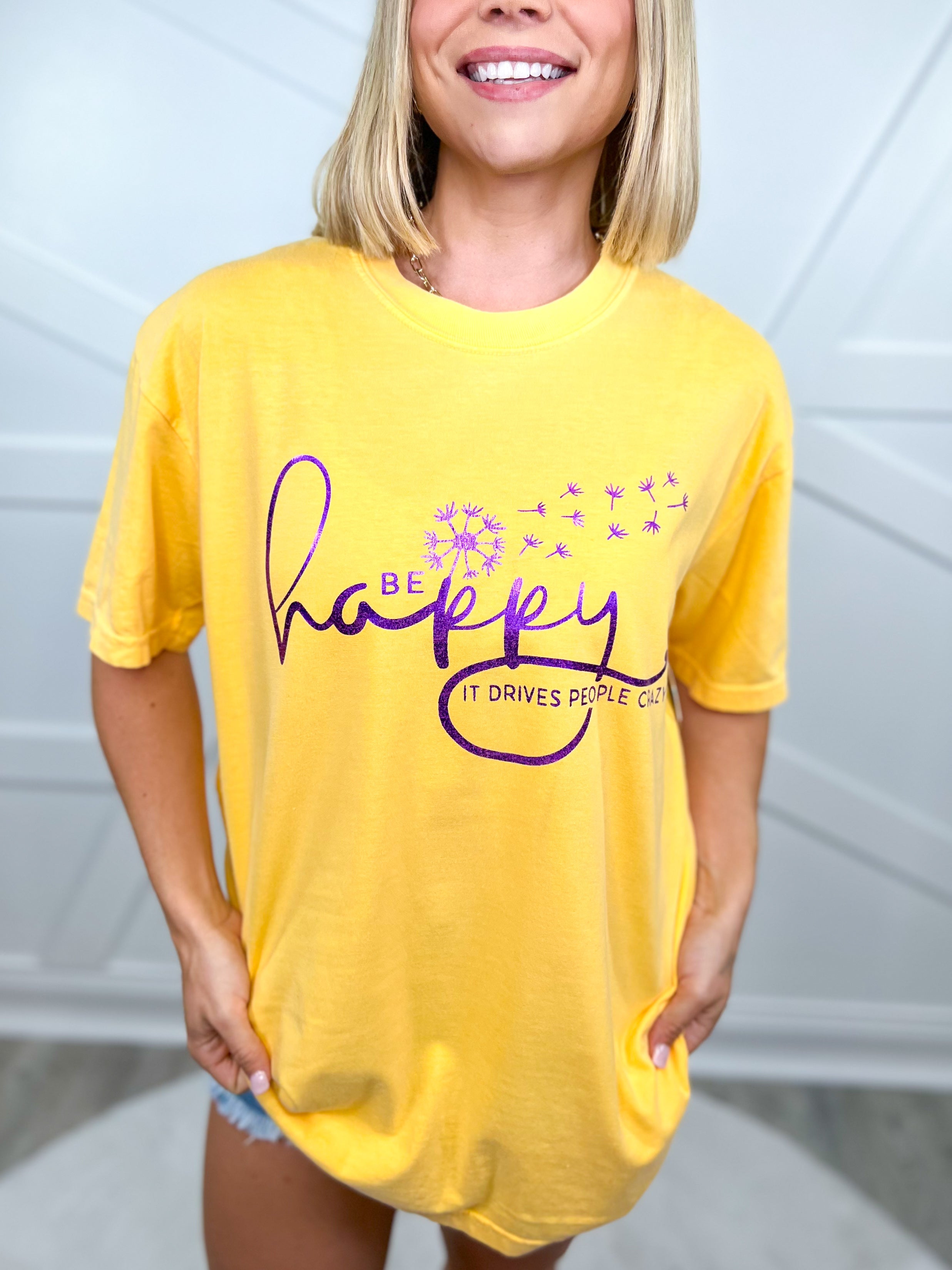 Foil Be Happy Graphic Tee-130 Graphic Tees-Heathered Boho-Heathered Boho Boutique, Women's Fashion and Accessories in Palmetto, FL