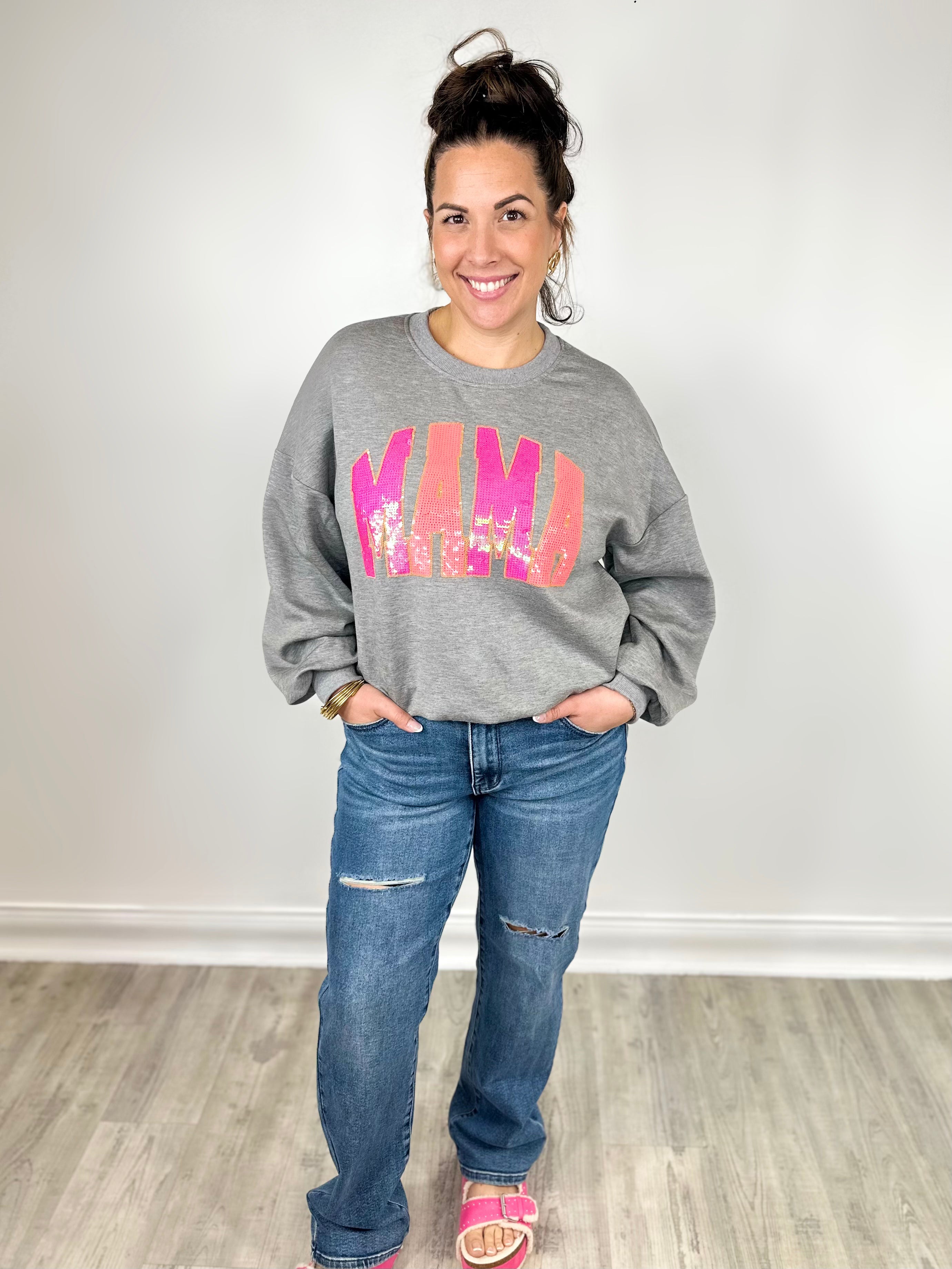 Mama Sequined Crewneck-120 Long Sleeve Tops-Simply Southern-Heathered Boho Boutique, Women's Fashion and Accessories in Palmetto, FL