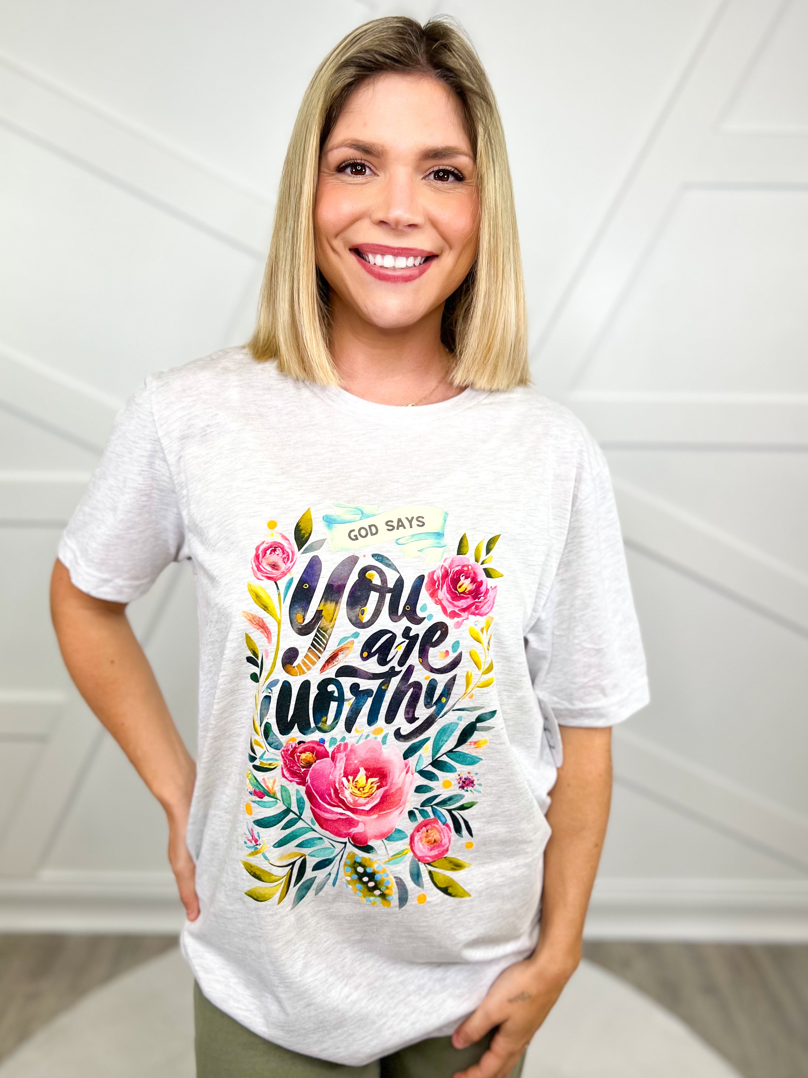 You Are Worthy Graphic Tee-130 Graphic Tees-Heathered Boho-Heathered Boho Boutique, Women's Fashion and Accessories in Palmetto, FL