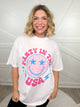 Party In The USA Smiley Face Graphic Tee-130 Graphic Tees-Heathered Boho-Heathered Boho Boutique, Women's Fashion and Accessories in Palmetto, FL