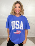 USA Peeking Flag Graphic Tee - Flo Blue-130 Graphic Tees-Heathered Boho-Heathered Boho Boutique, Women's Fashion and Accessories in Palmetto, FL