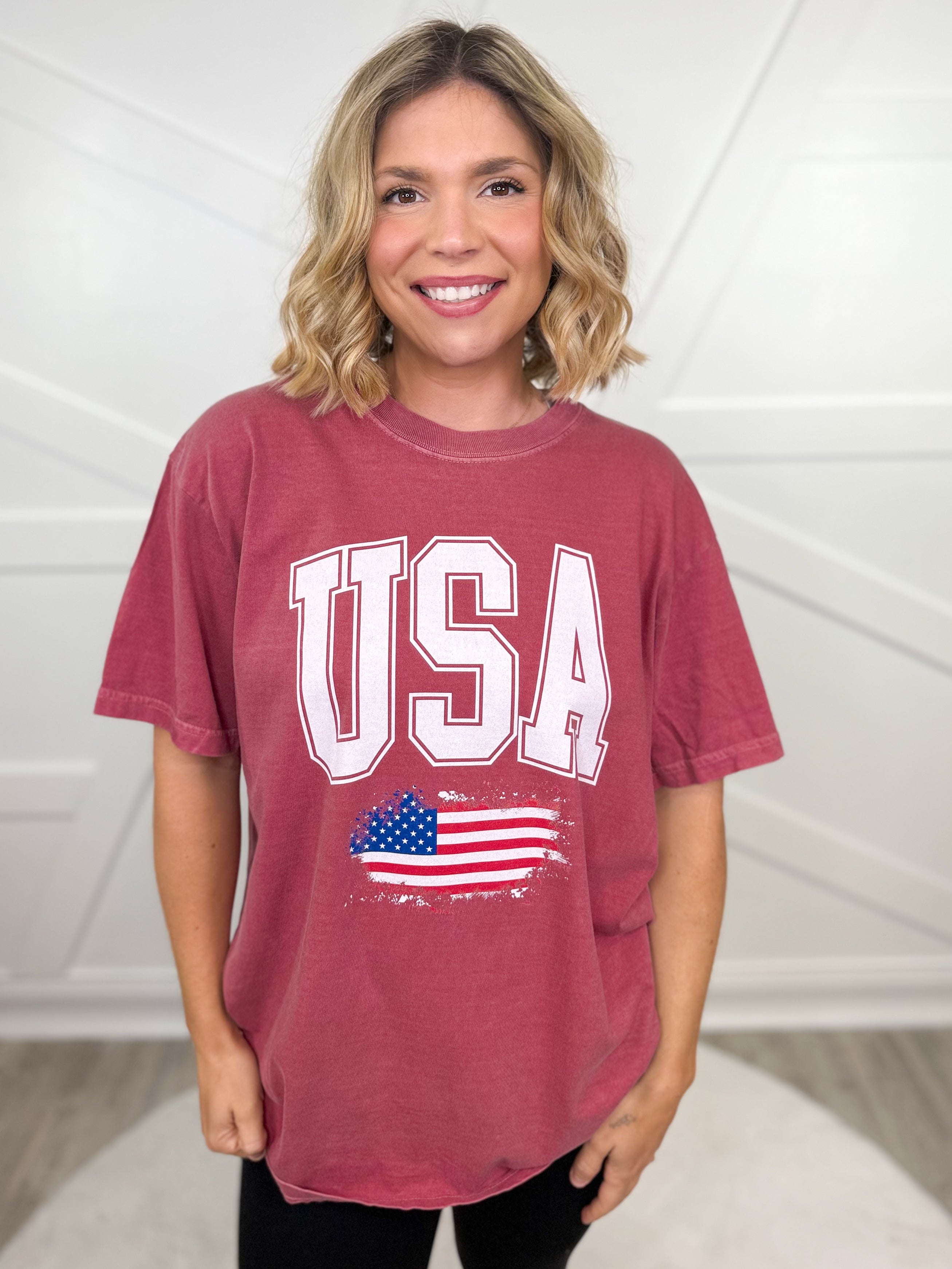 USA Peeking Flag Graphic Tee - Brick-130 Graphic Tees-Heathered Boho-Heathered Boho Boutique, Women's Fashion and Accessories in Palmetto, FL