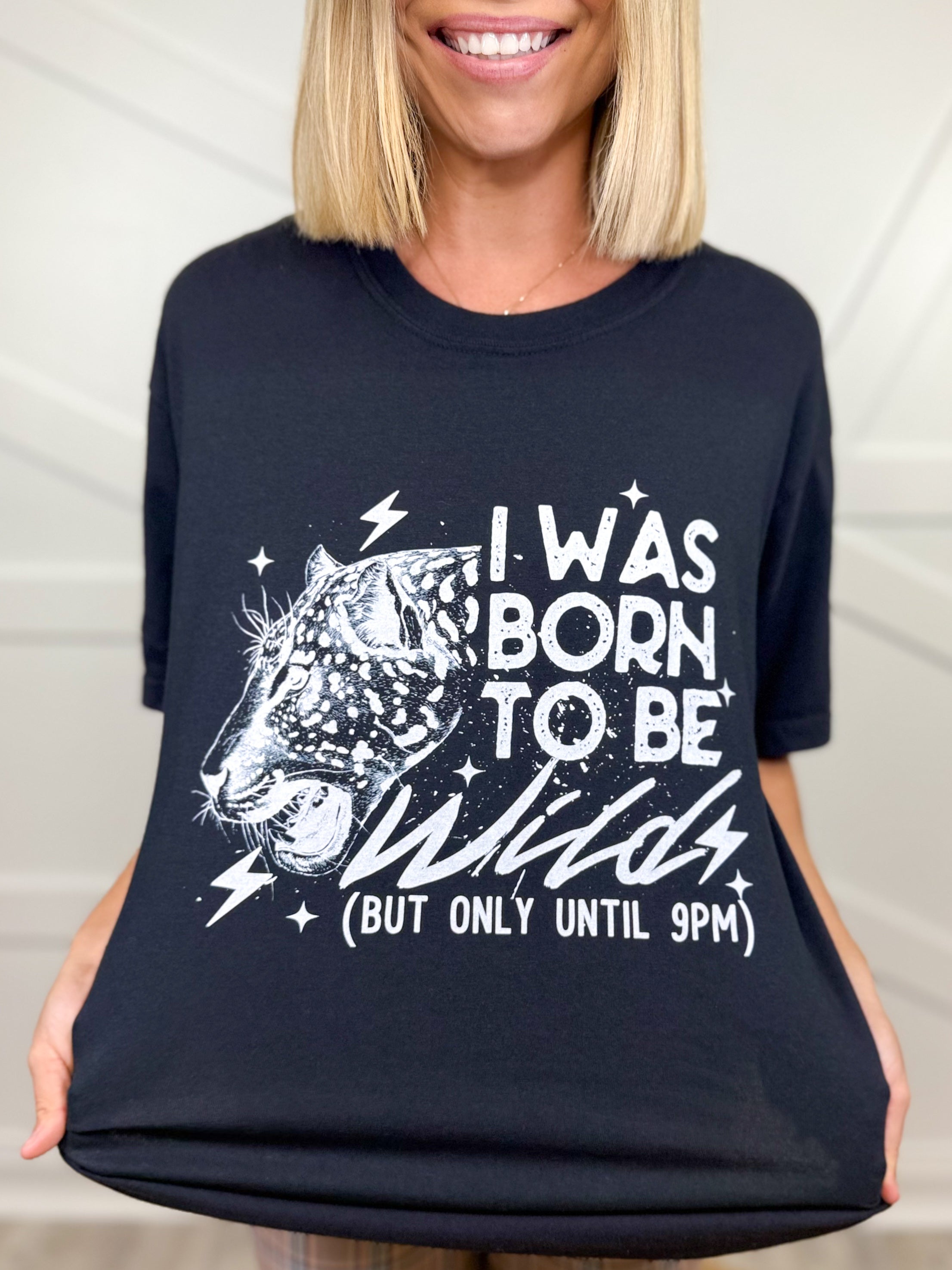 Wild Until 9 Graphic Tee- White Text - Black-130 Graphic Tees-Heathered Boho-Heathered Boho Boutique, Women's Fashion and Accessories in Palmetto, FL
