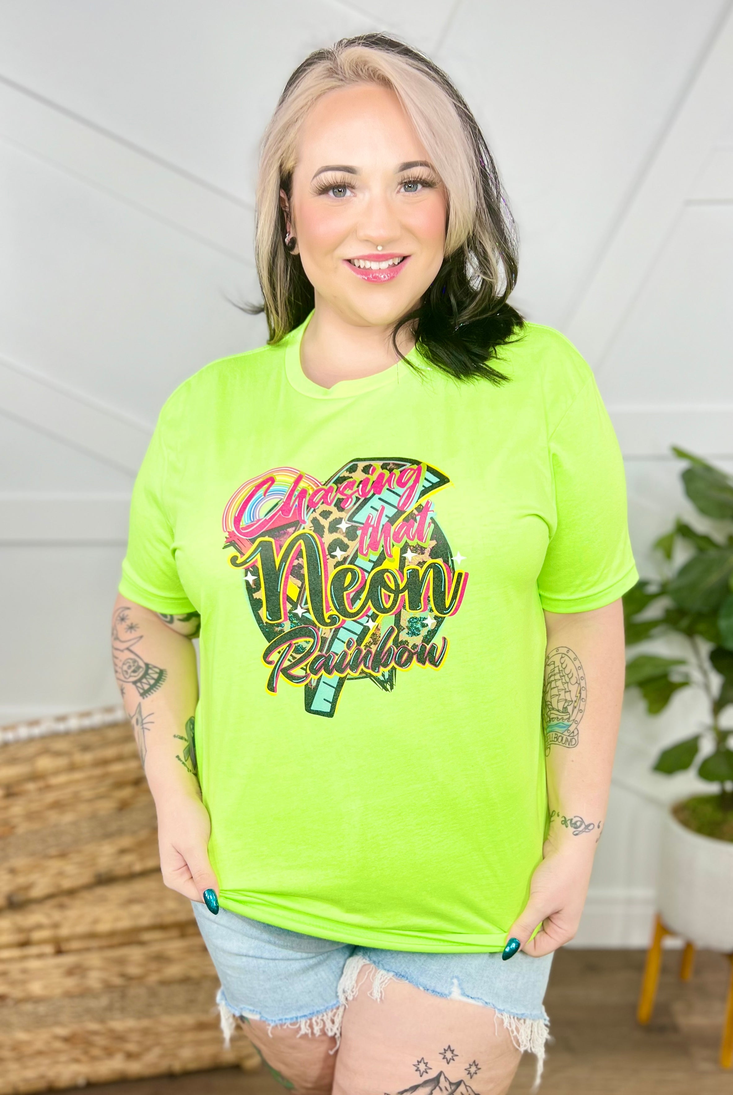 Chasing That Neon Rainbow Graphic Tee-110 Short Sleeve Top-Heathered Boho-Heathered Boho Boutique, Women's Fashion and Accessories in Palmetto, FL