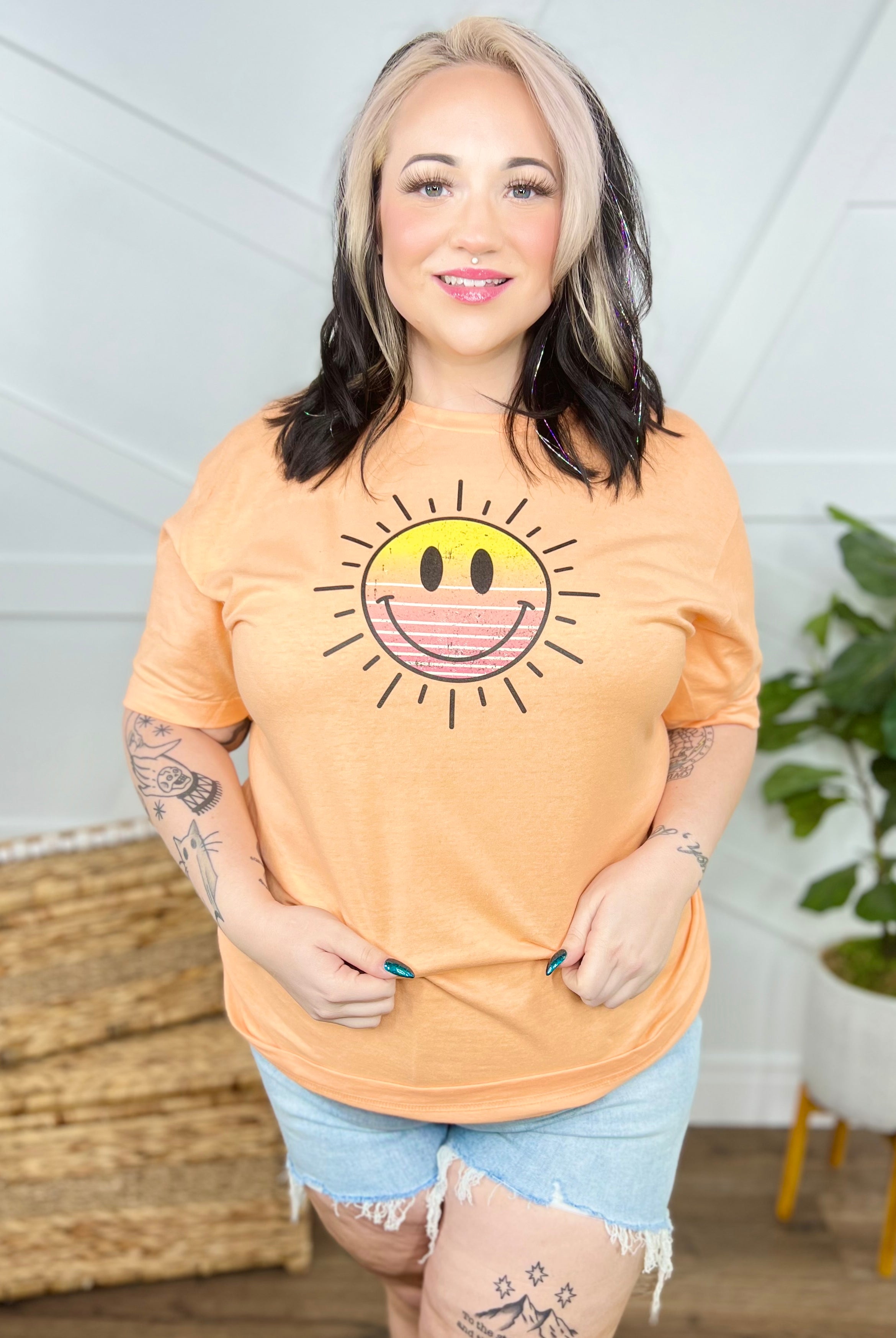 Smiley Sun Graphic Tee-110 Short Sleeve Top-Heathered Boho-Heathered Boho Boutique, Women's Fashion and Accessories in Palmetto, FL