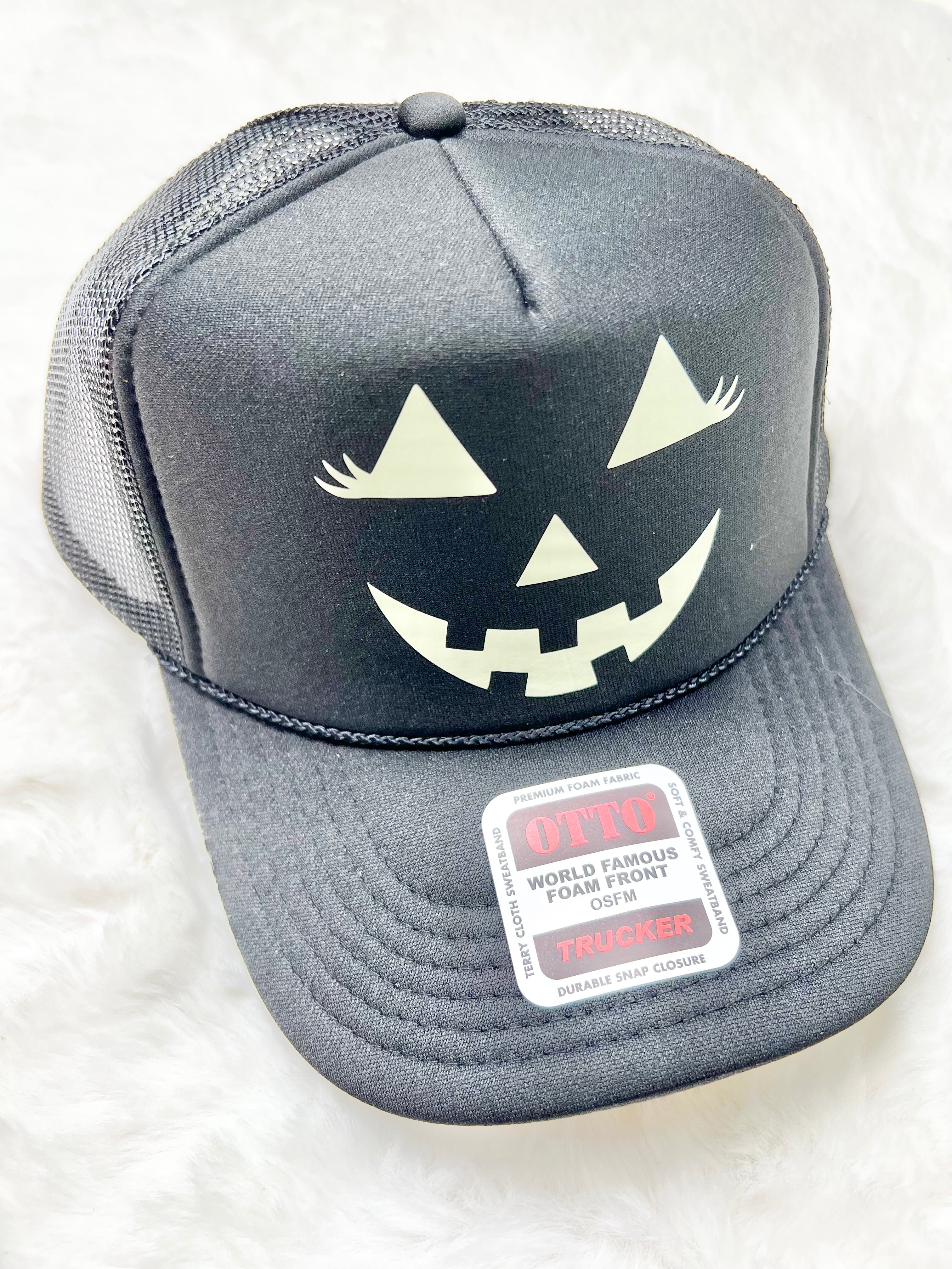 Jack-O-Lantern Trucker Hat-330 Headwear-Babe Wholesale-Heathered Boho Boutique, Women's Fashion and Accessories in Palmetto, FL