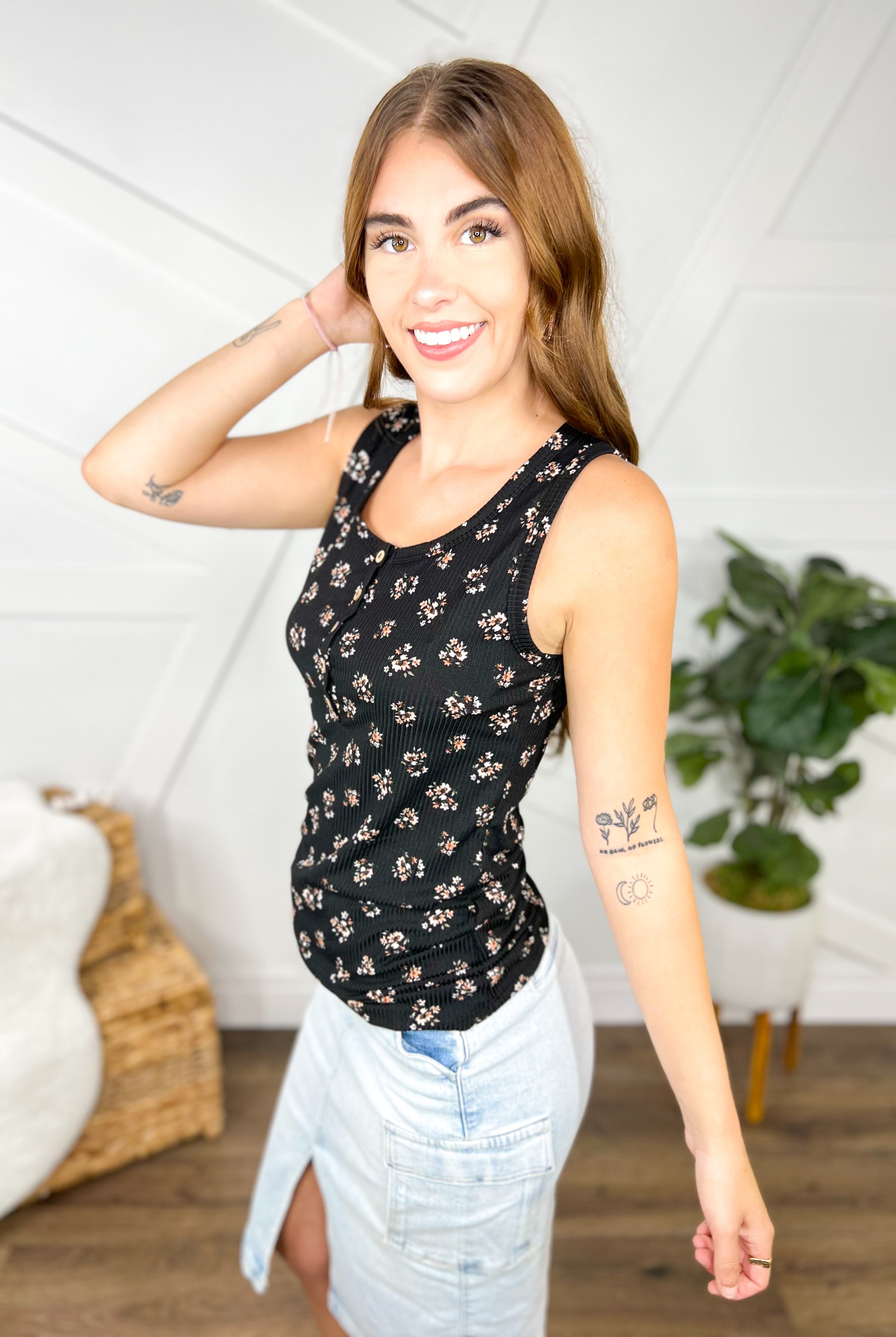 Blooming Henley Tank Top-100 Tank/Crop Tops-P.S. Kate-Heathered Boho Boutique, Women's Fashion and Accessories in Palmetto, FL