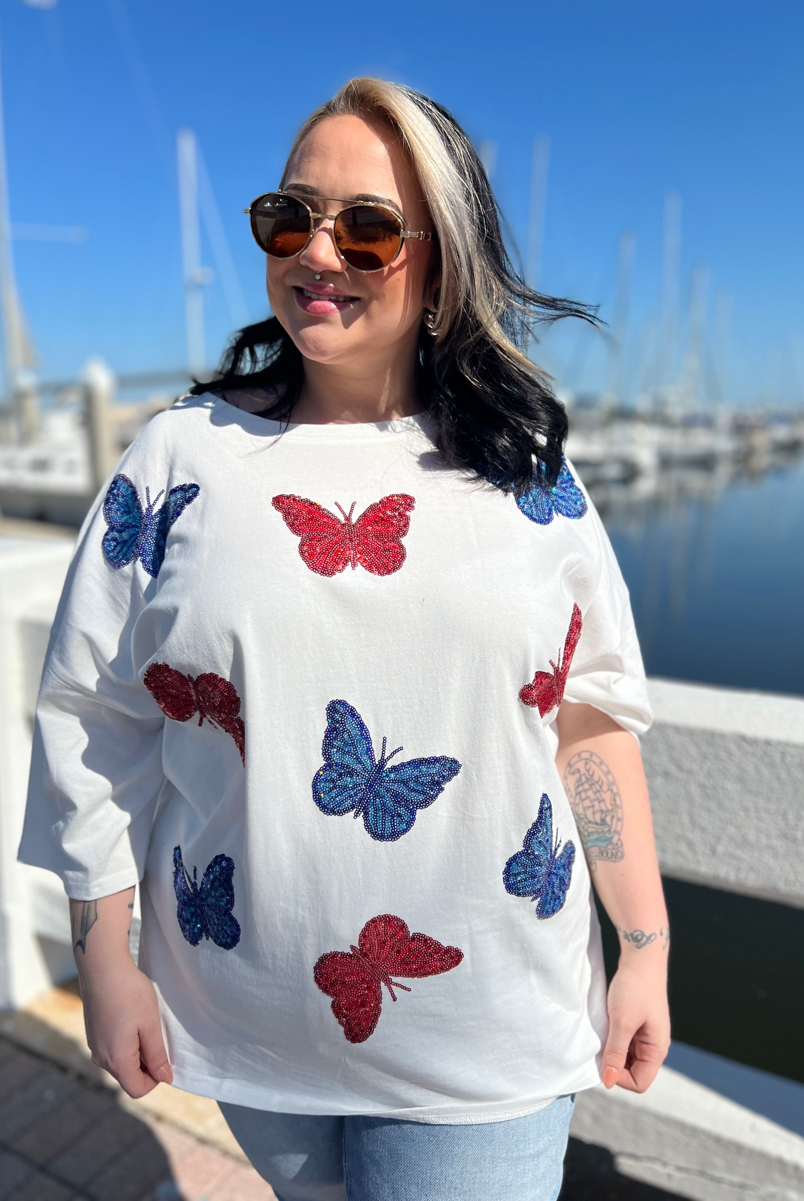 Red White and Butterflies Top-110 Short Sleeve Top-Peach Love-Heathered Boho Boutique, Women's Fashion and Accessories in Palmetto, FL