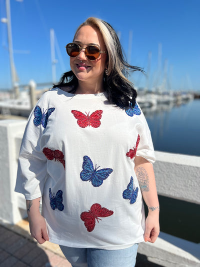 Red White and Butterflies Top-110 Short Sleeve Top-Peach Love-Heathered Boho Boutique, Women's Fashion and Accessories in Palmetto, FL
