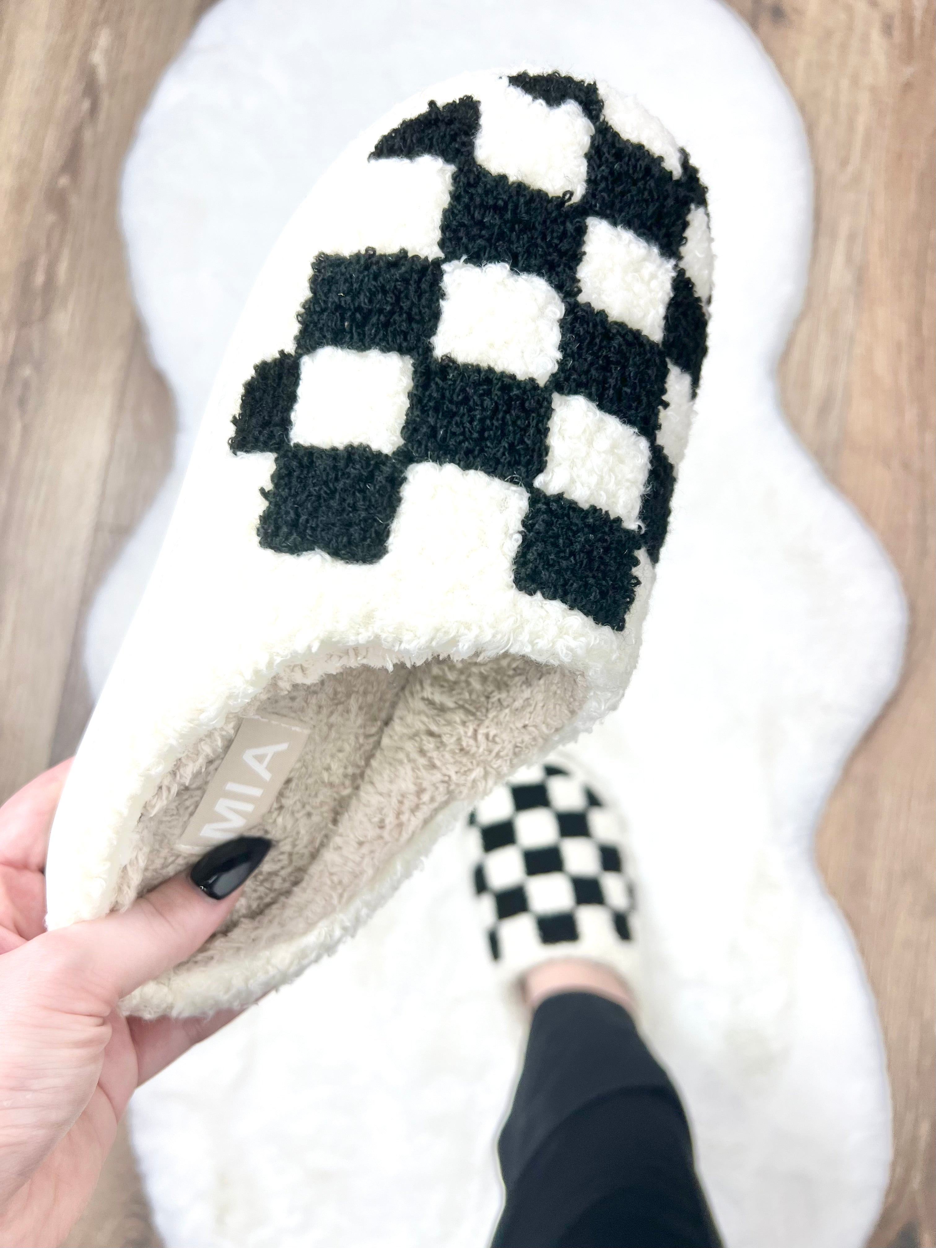 Black & White Checkered Cozi Slippers-350 Shoes-Mia Shoes-Heathered Boho Boutique, Women's Fashion and Accessories in Palmetto, FL