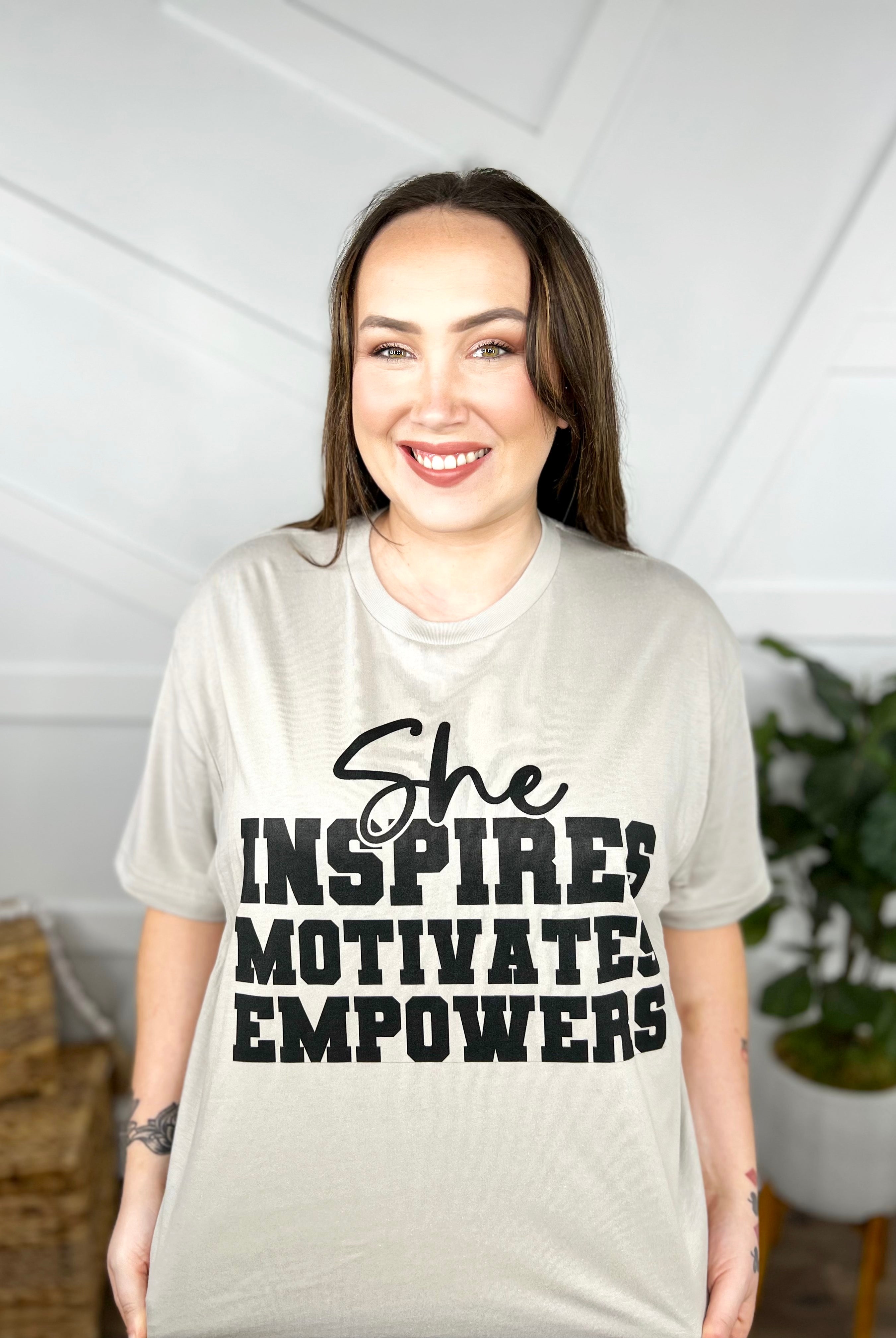 She Inspires Motivates Empowers Graphic Tee-110 Short Sleeve Top-Heathered Boho-Heathered Boho Boutique, Women's Fashion and Accessories in Palmetto, FL