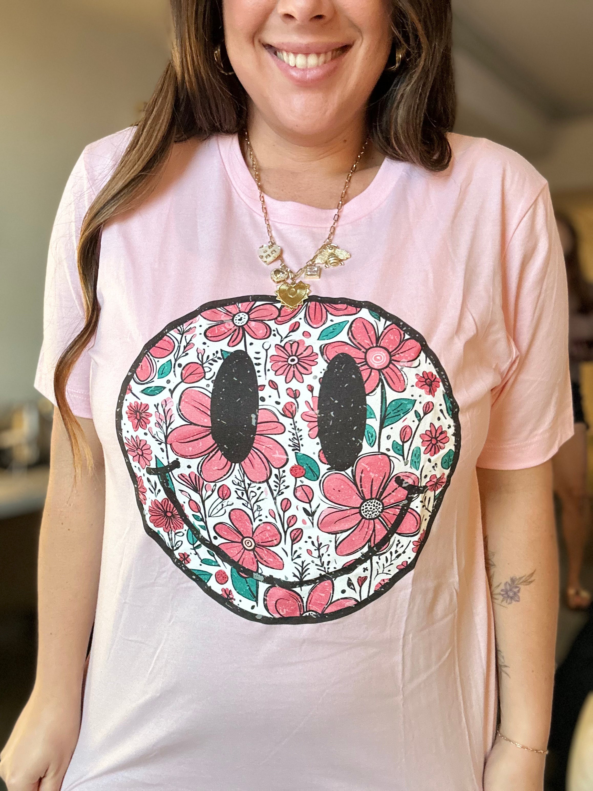 Retro Pink Flower Smiley Graphic Tee-130 Graphic Tees-Heathered Boho-Heathered Boho Boutique, Women's Fashion and Accessories in Palmetto, FL