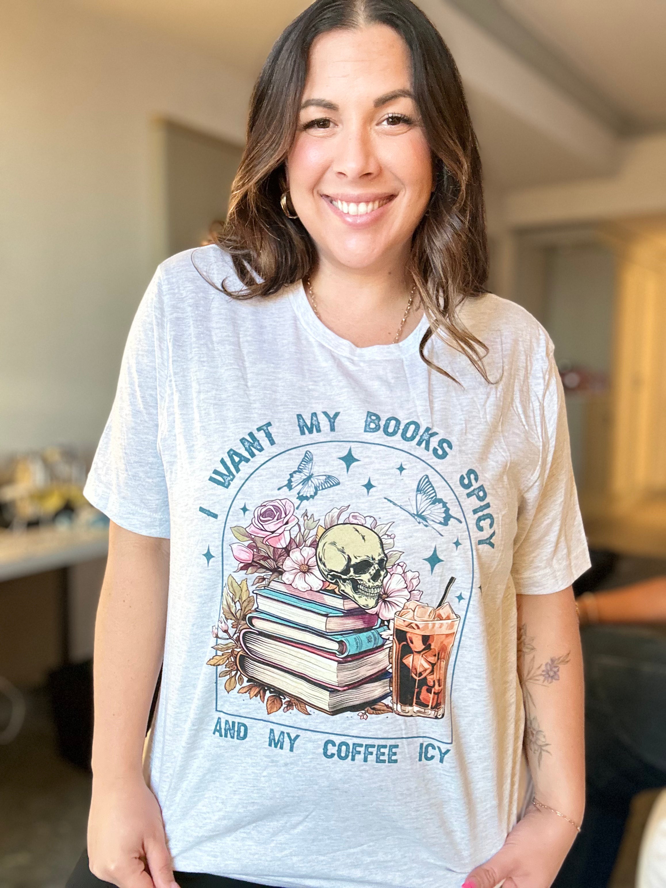 Books Spicy, Coffee Icy Graphic Tee-130 Graphic Tees-Heathered Boho-Heathered Boho Boutique, Women's Fashion and Accessories in Palmetto, FL