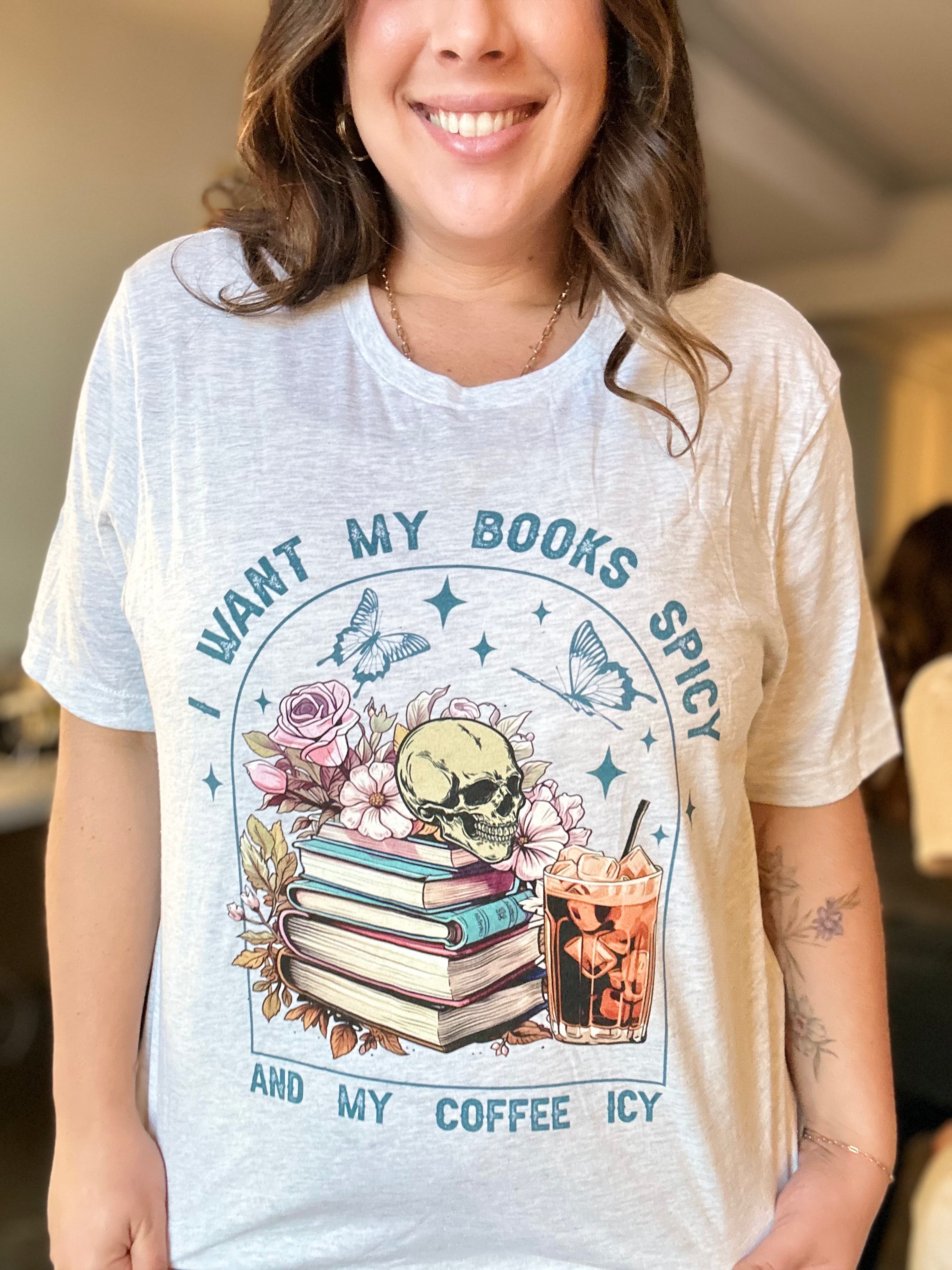 Books Spicy, Coffee Icy Graphic Tee-130 Graphic Tees-Heathered Boho-Heathered Boho Boutique, Women's Fashion and Accessories in Palmetto, FL