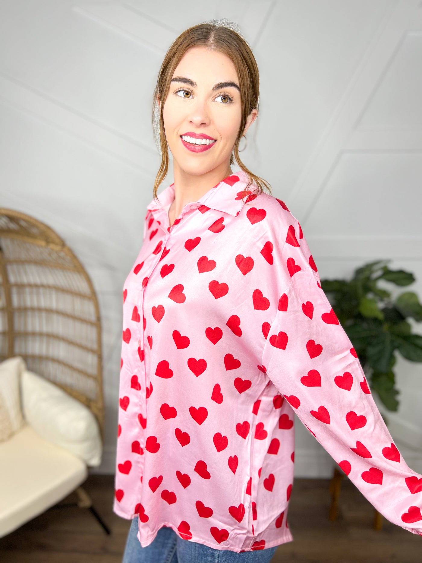 Kathryn Red Hearts Button Up Top