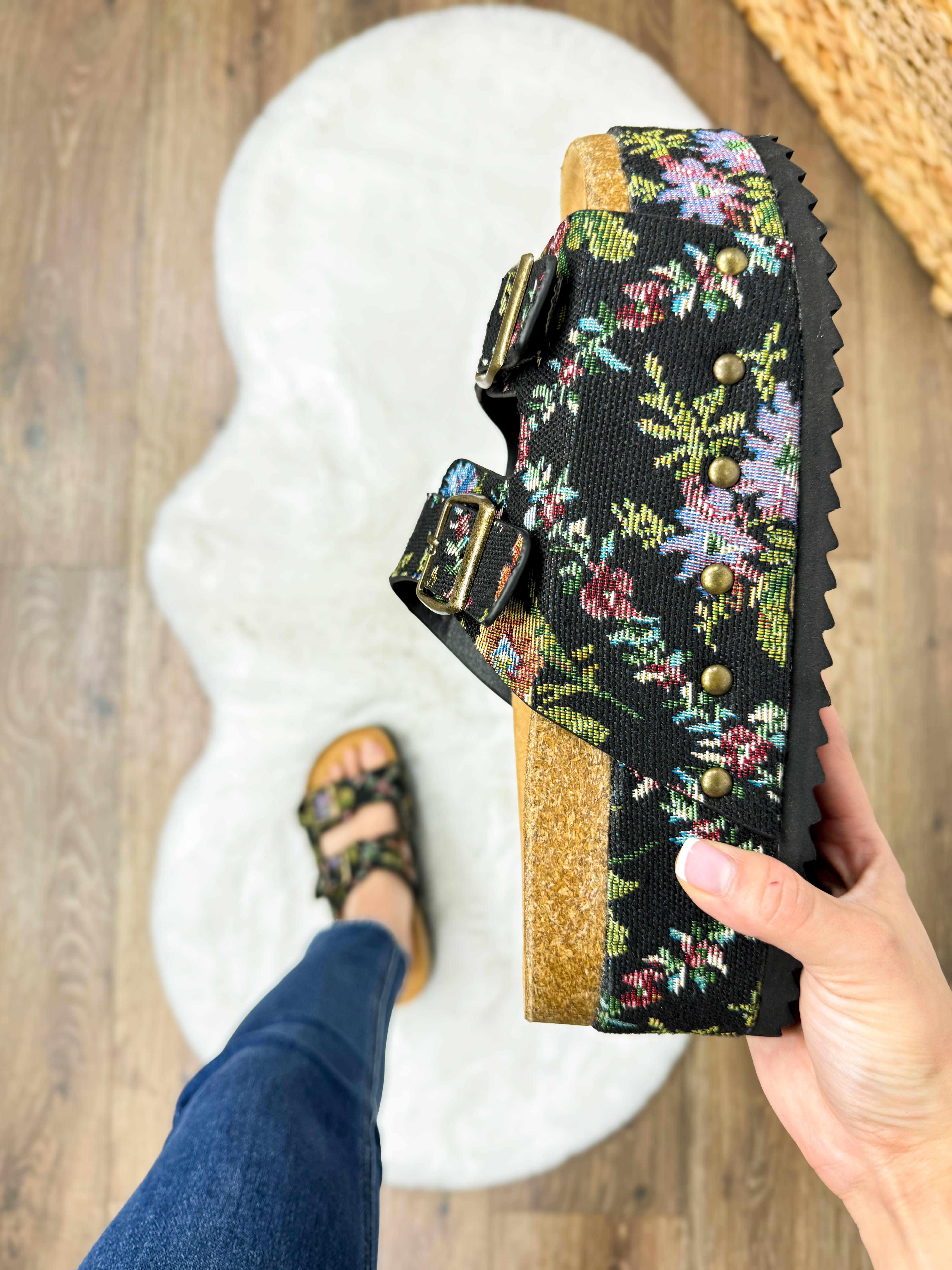 Wanna Be Platform Sandals - Black Brocade Floral-350 Shoes-Corkys-Heathered Boho Boutique, Women's Fashion and Accessories in Palmetto, FL