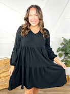 Double Take Full Size V-Neck Balloon Sleeve Tiered Dress-Dresses-Trendsi-Heathered Boho Boutique, Women's Fashion and Accessories in Palmetto, FL