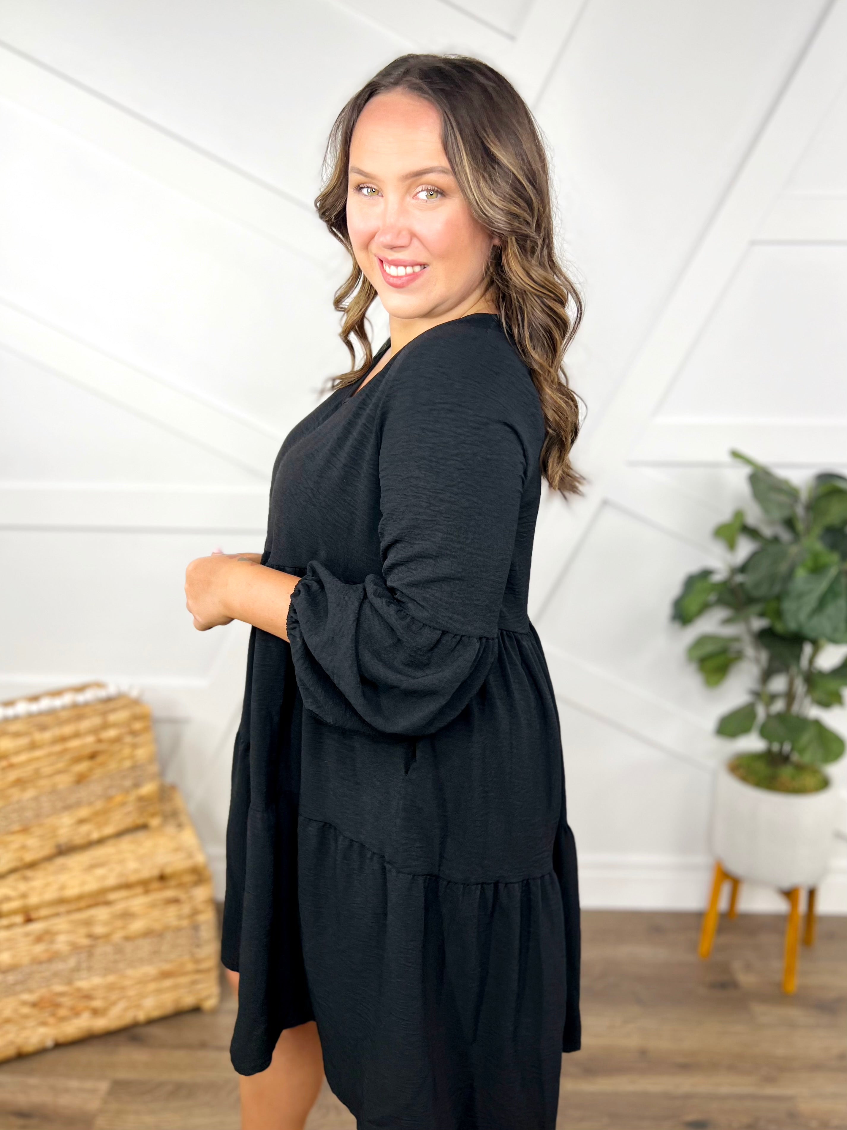 Double Take Full Size V-Neck Balloon Sleeve Tiered Dress-Dresses-Trendsi-Heathered Boho Boutique, Women's Fashion and Accessories in Palmetto, FL