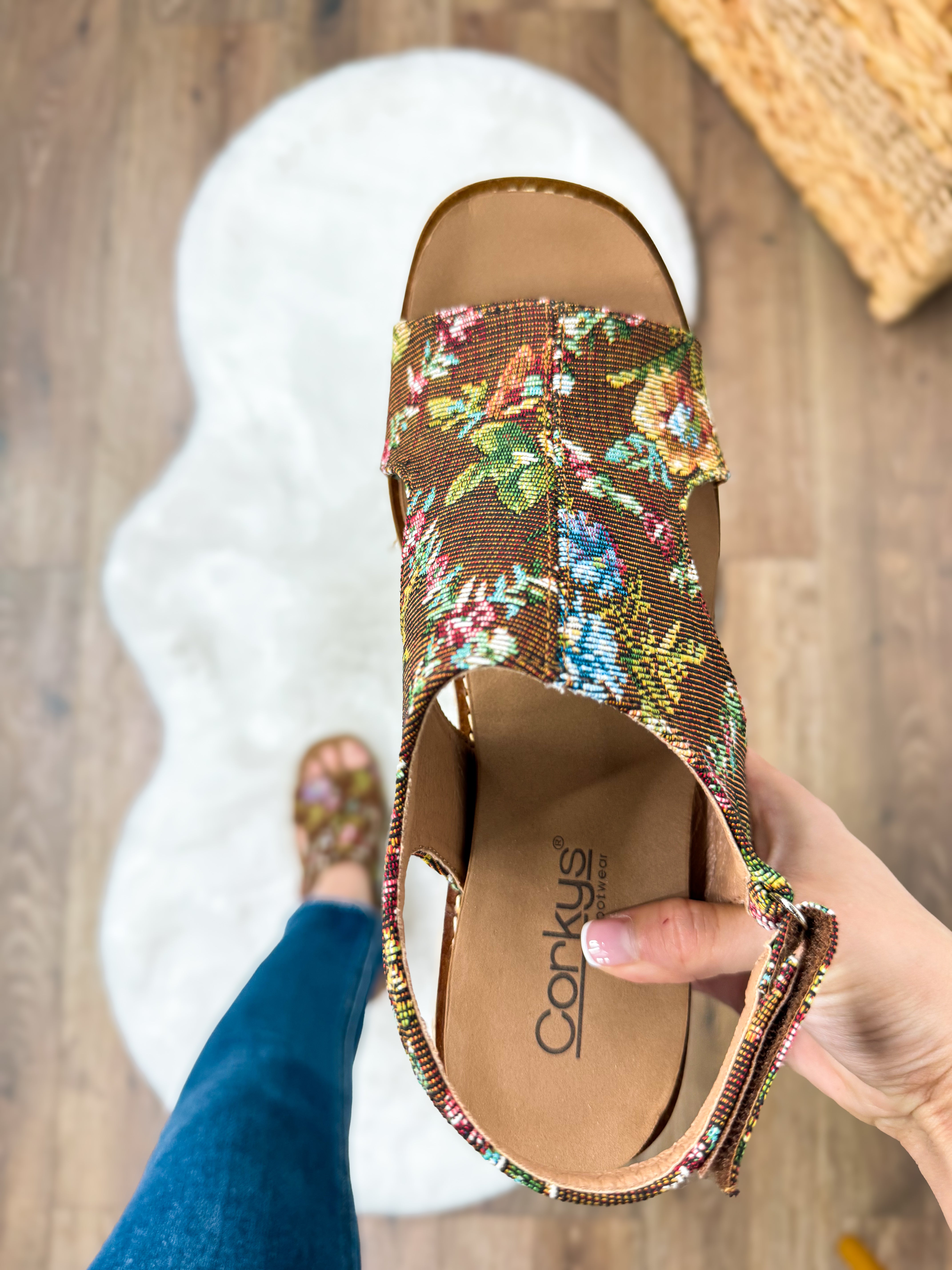 Freddie Wedges - Rust Brocade Floral-350 Shoes-Corkys-Heathered Boho Boutique, Women's Fashion and Accessories in Palmetto, FL