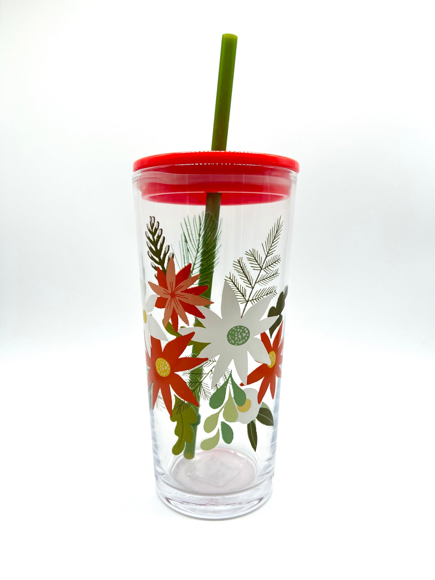 Poinsettia Pattern Glass Tumbler with Straw