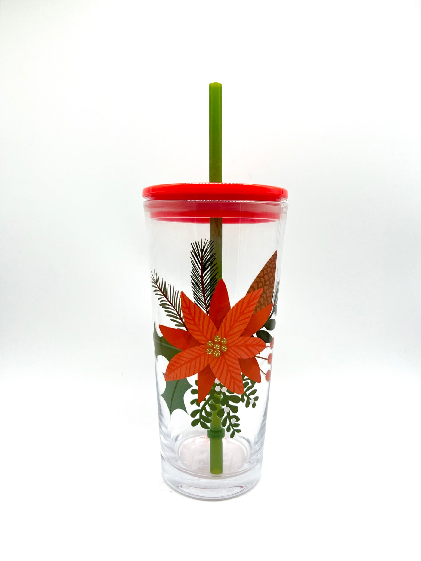Poinsettia Glass Tumbler with Straw