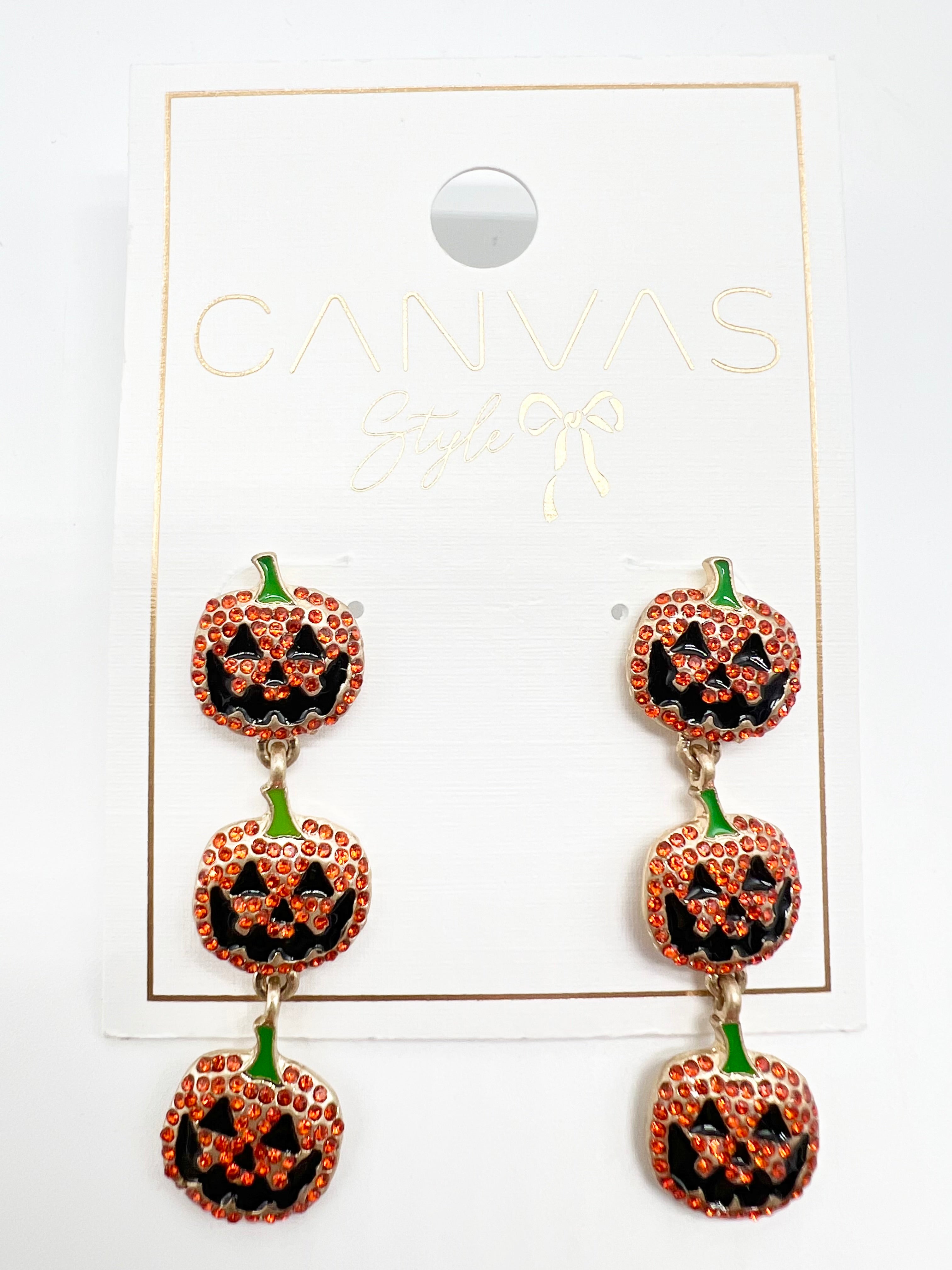 Jack O' Lantern Rhinestone Triple Drop Earrings-310 Jewelry-Canvas-Heathered Boho Boutique, Women's Fashion and Accessories in Palmetto, FL