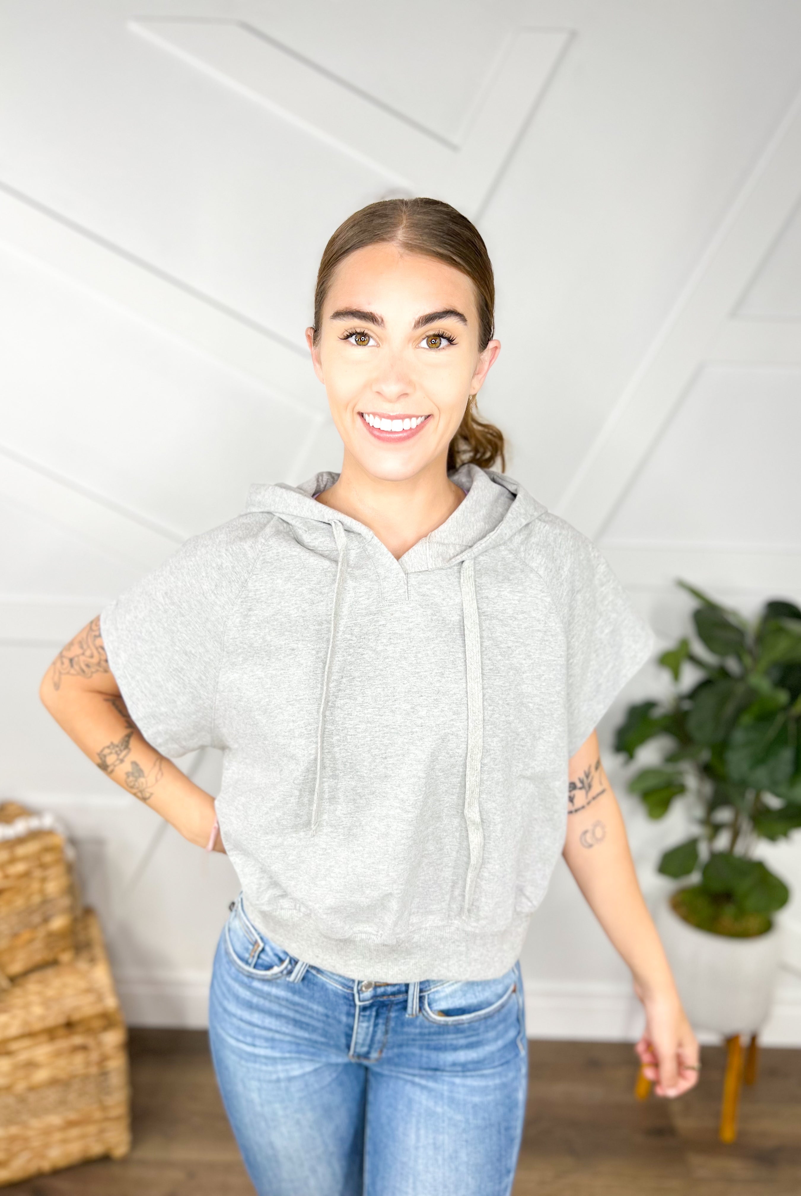 Freestyle Cropped Hoodie-110 Short Sleeve Top-Rae Mode-Heathered Boho Boutique, Women's Fashion and Accessories in Palmetto, FL