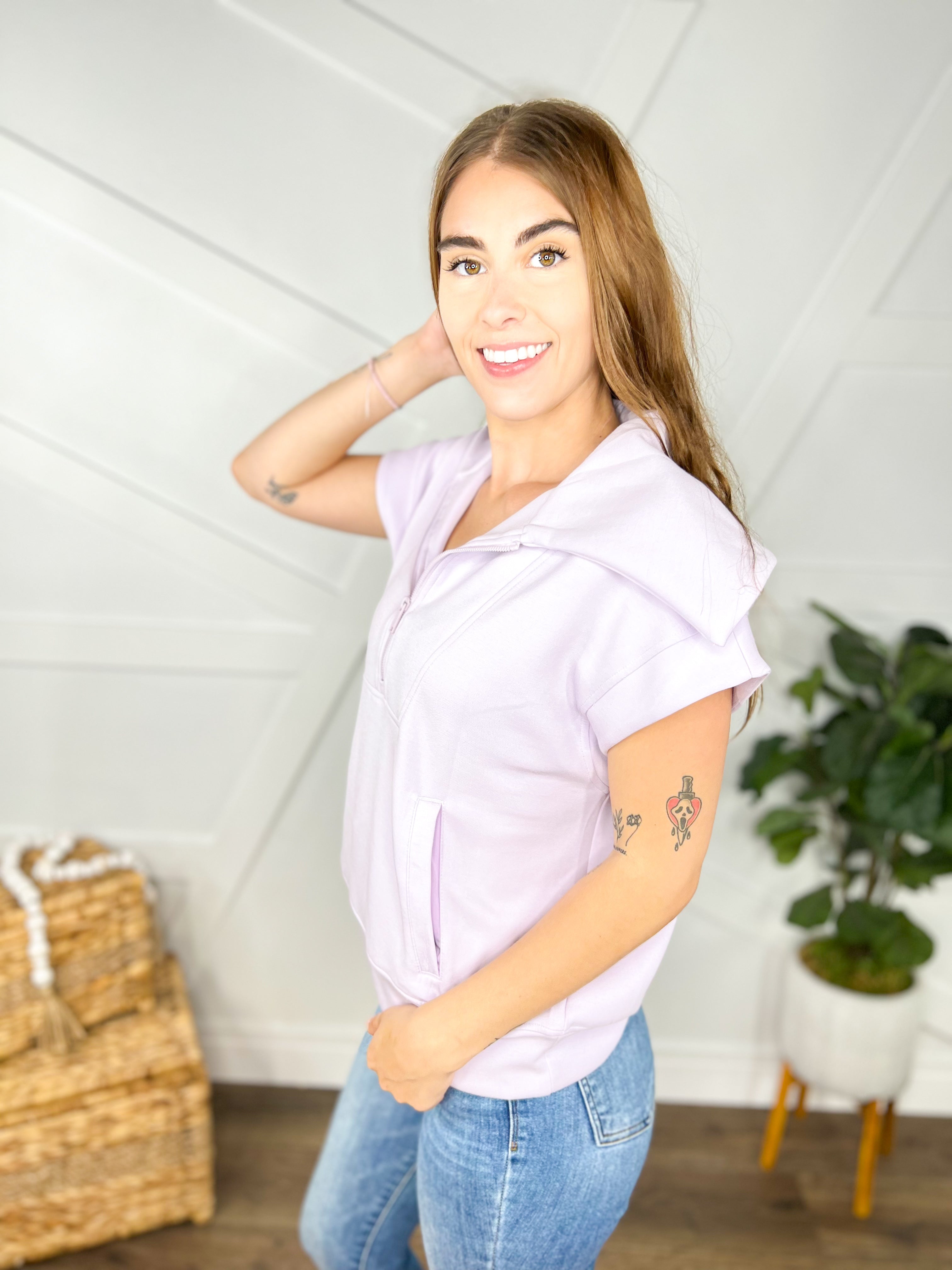 RESTOCK : Coordination Quarter Zip Top-110 Short Sleeve Top-Rae Mode-Heathered Boho Boutique, Women's Fashion and Accessories in Palmetto, FL