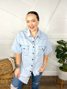 Chessie Denim Button Down Top-110 Short Sleeve Top-First Love-Heathered Boho Boutique, Women's Fashion and Accessories in Palmetto, FL