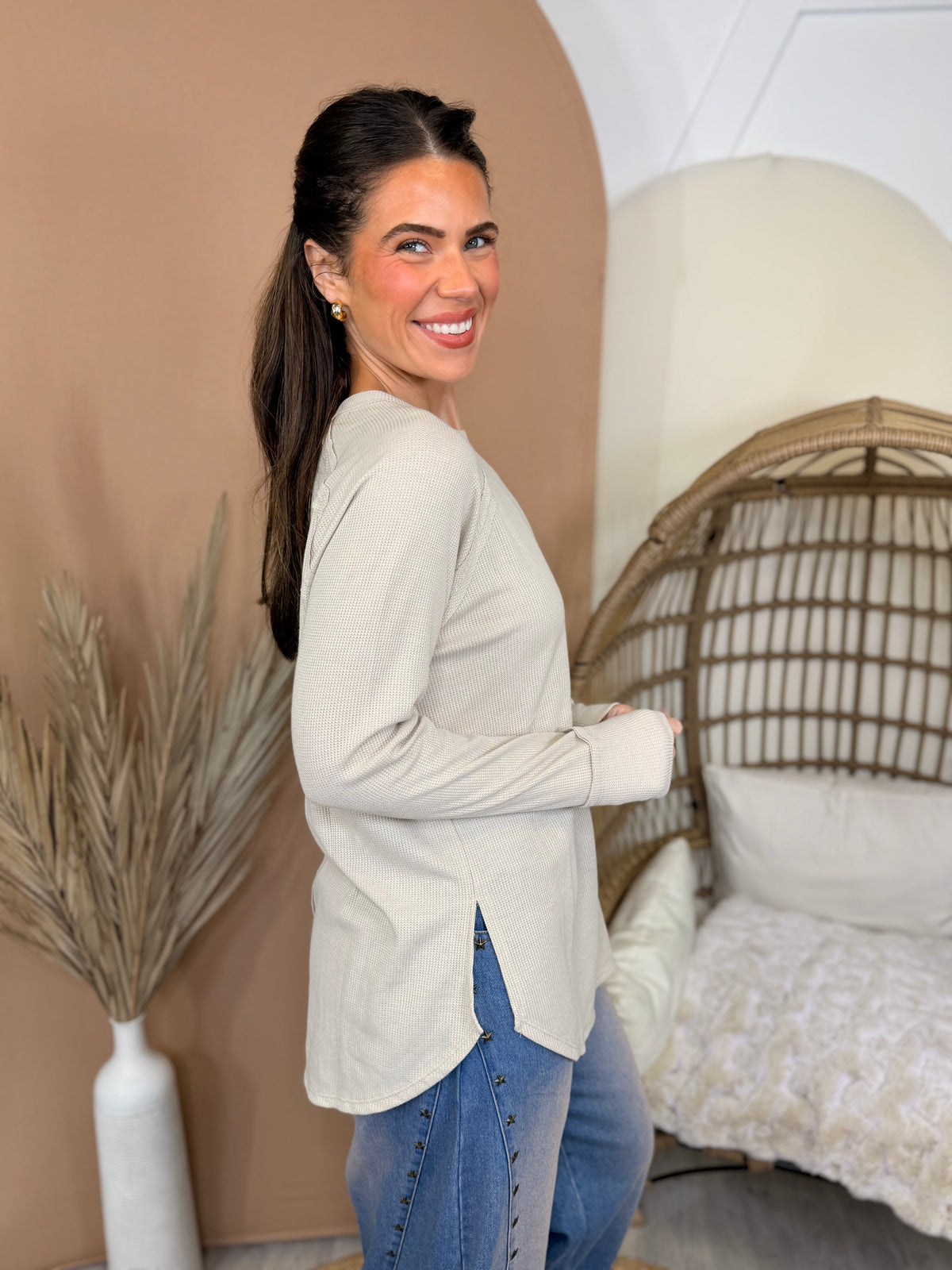 Waffle Baby Long Sleeve Top-120 LONG SLEEVE TOPS-ZENANA-Heathered Boho Boutique, Women's Fashion and Accessories in Palmetto, FL