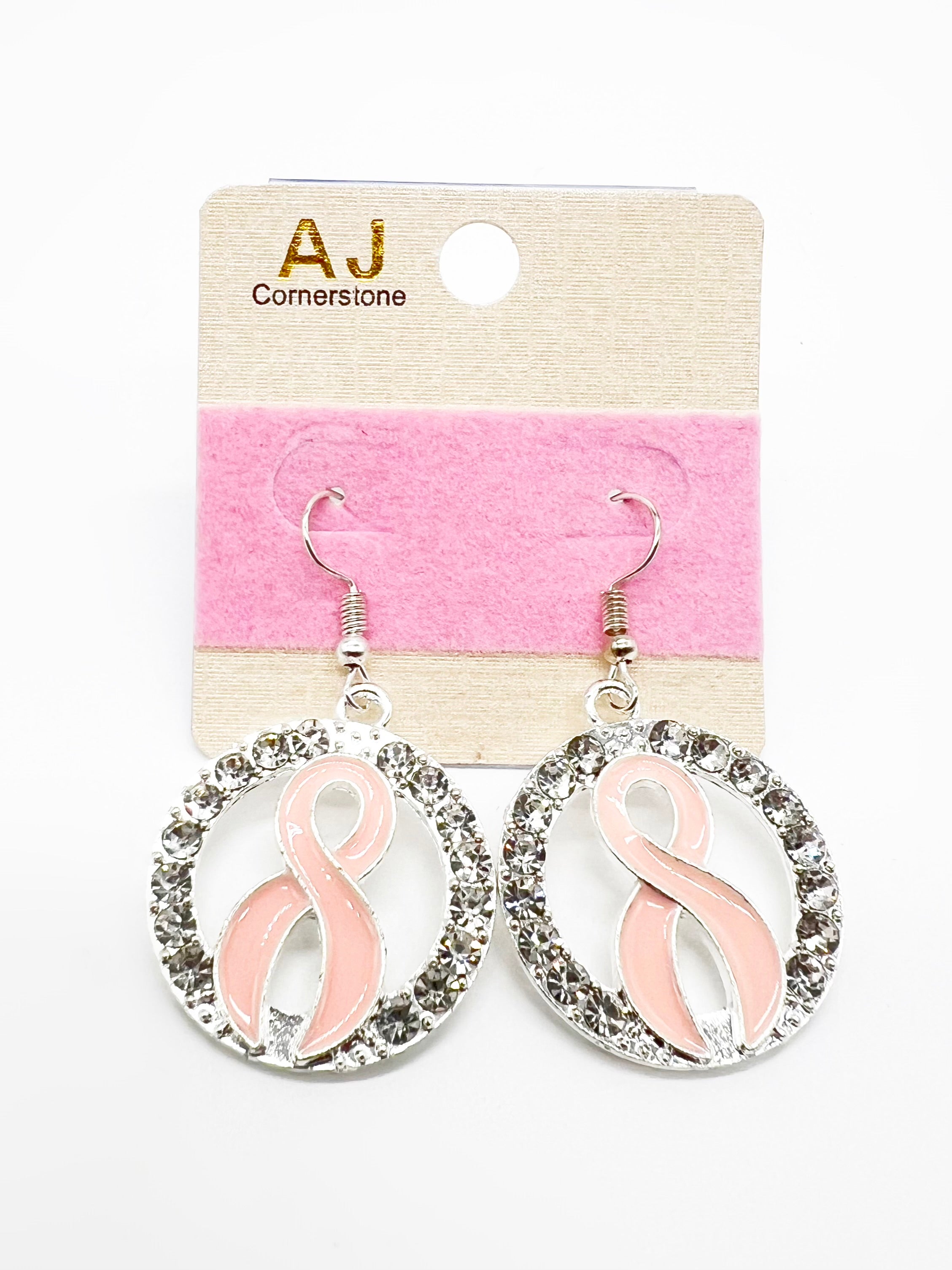 Rhinestone Pink Ribbon Round Dangle Earrings-310 Jewelry-Joia Trading-Heathered Boho Boutique, Women's Fashion and Accessories in Palmetto, FL