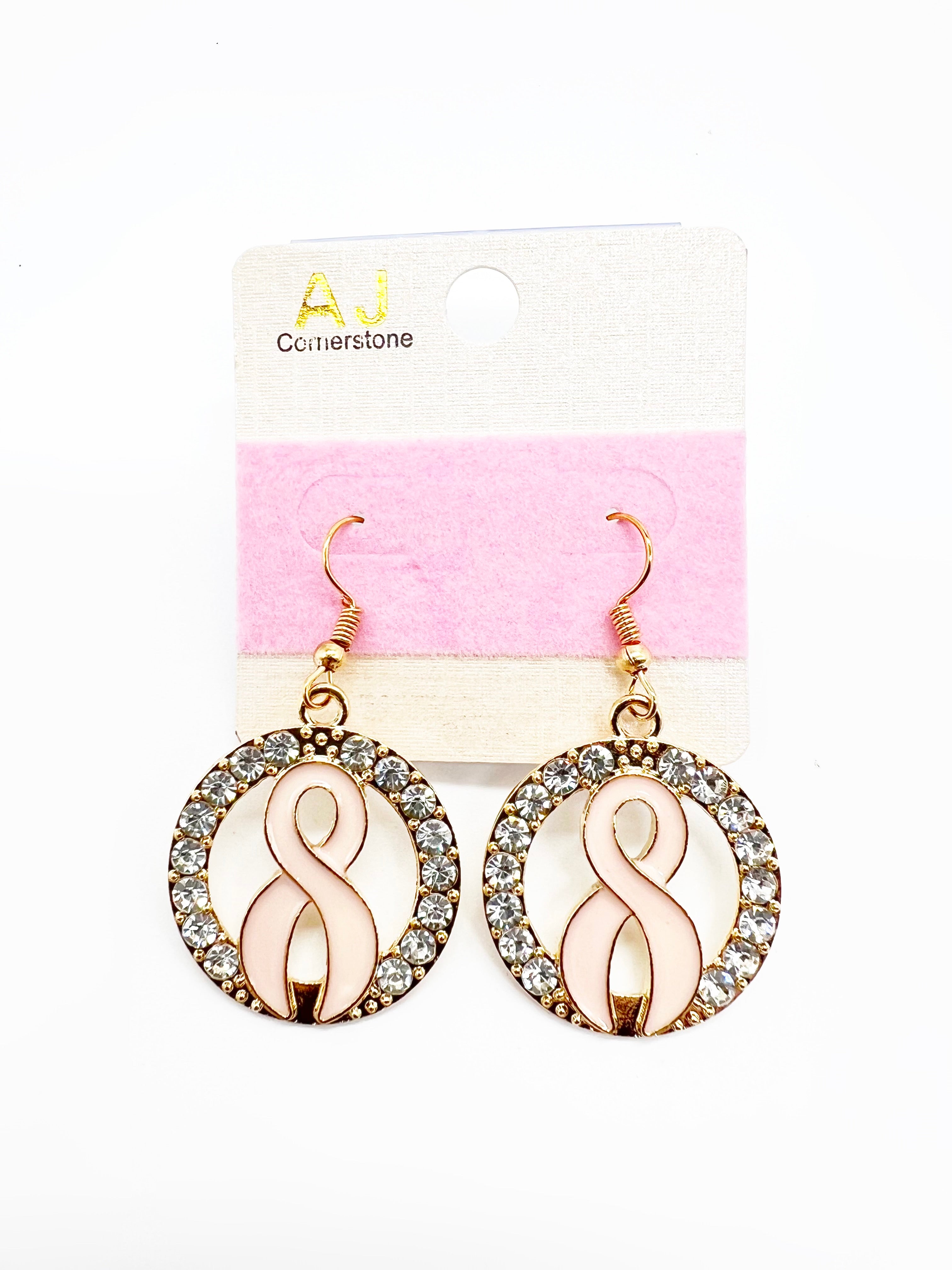 Rhinestone Pink Ribbon Round Dangle Earrings-310 Jewelry-Joia Trading-Heathered Boho Boutique, Women's Fashion and Accessories in Palmetto, FL