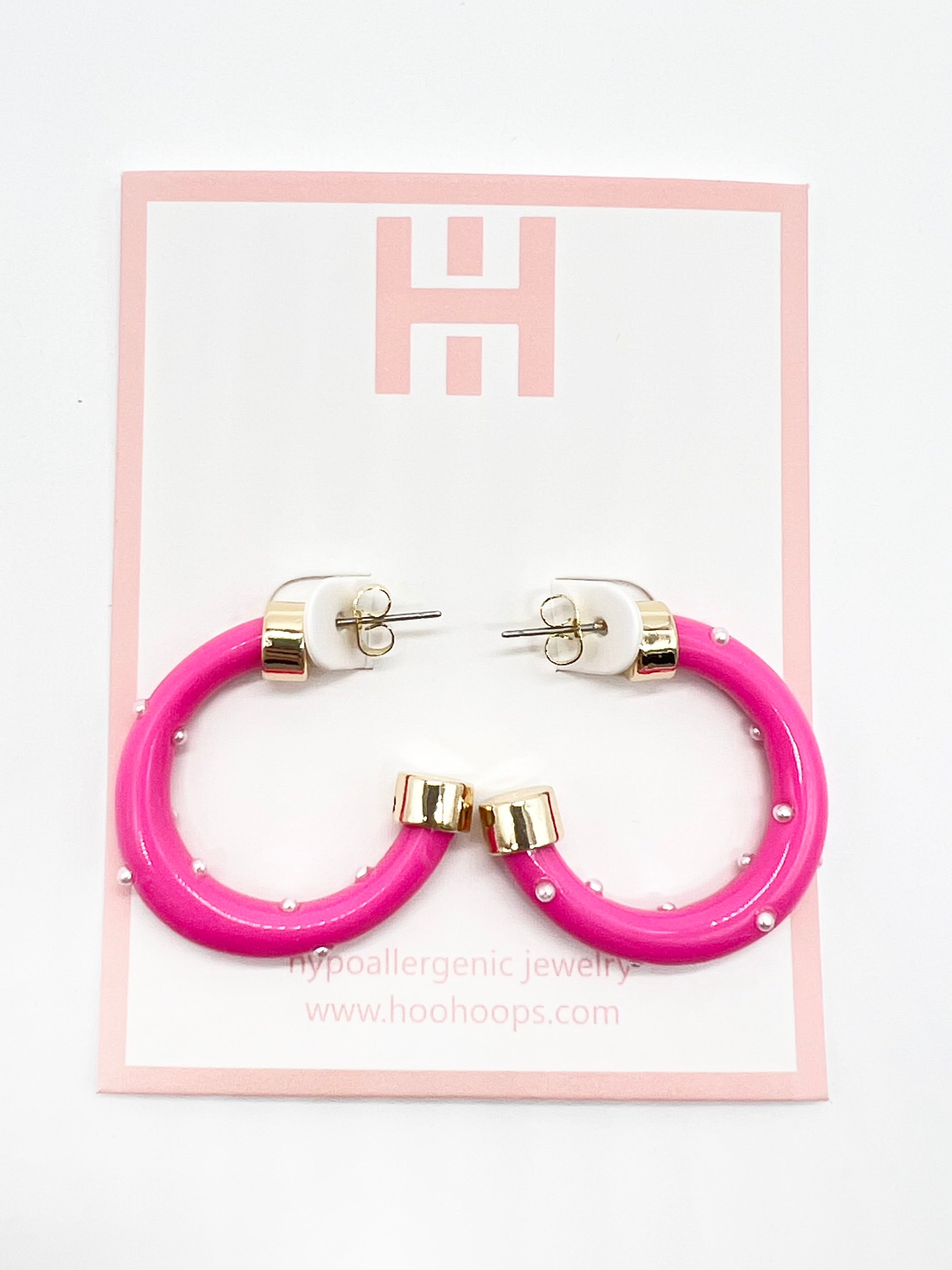 Minis Hot Pink Hoops with Pearls-310 Jewelry-HOO HOOPS-Heathered Boho Boutique, Women's Fashion and Accessories in Palmetto, FL