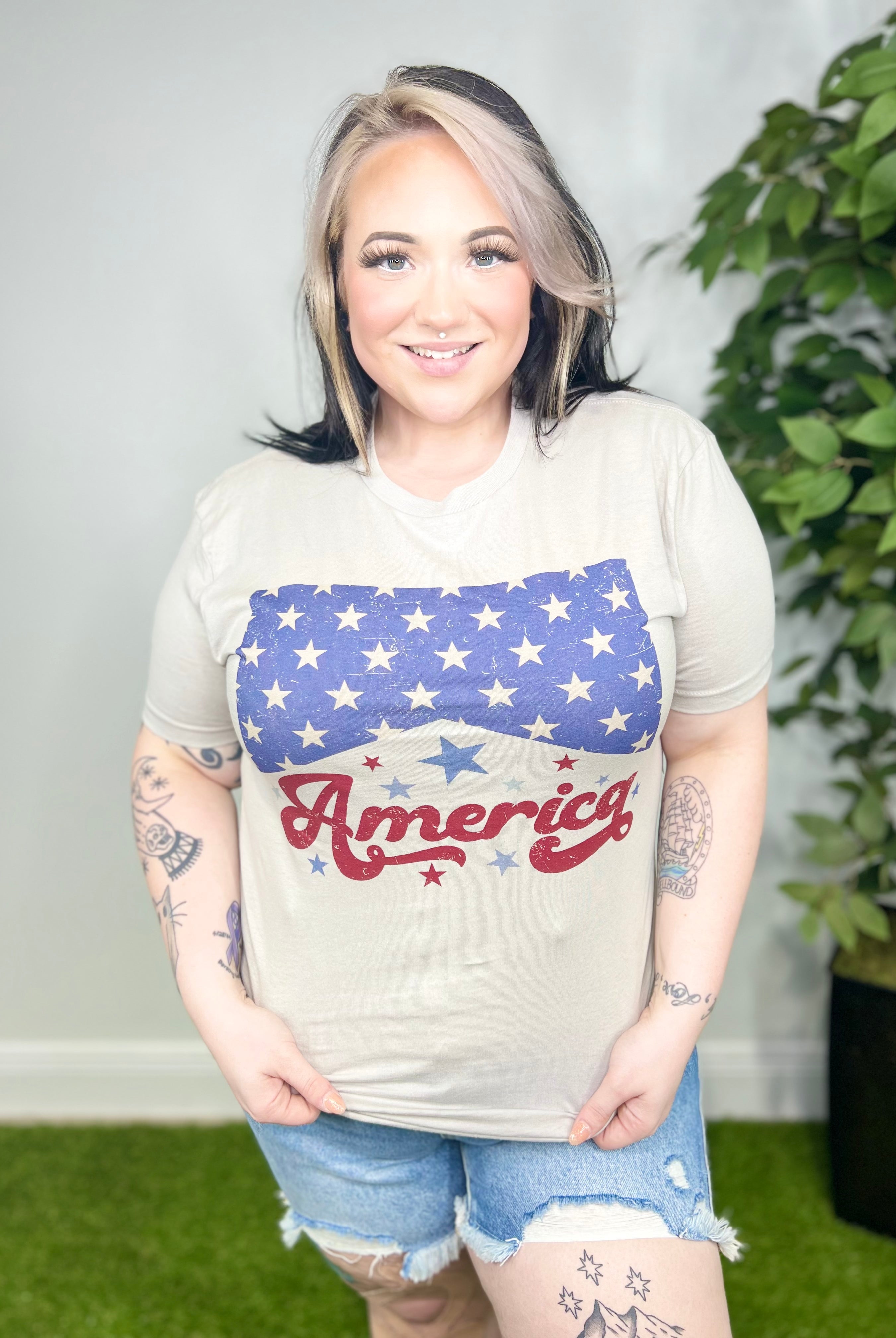 Retro Distressed America GraphicTee-130 Graphic Tees-Heathered Boho-Heathered Boho Boutique, Women's Fashion and Accessories in Palmetto, FL