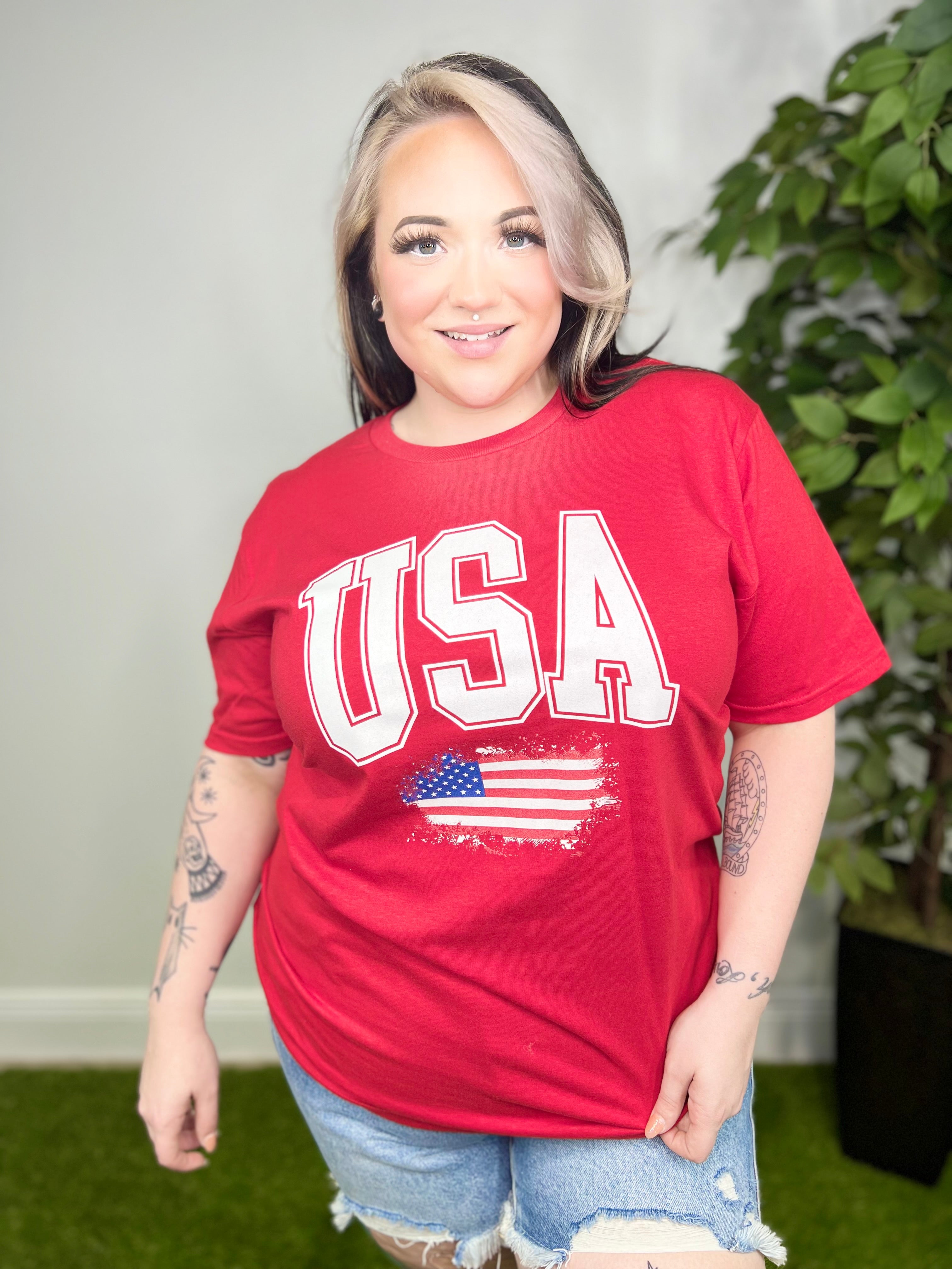 USA Peeking Flag Graphic Tee-130 Graphic Tees-Heathered Boho-Heathered Boho Boutique, Women's Fashion and Accessories in Palmetto, FL