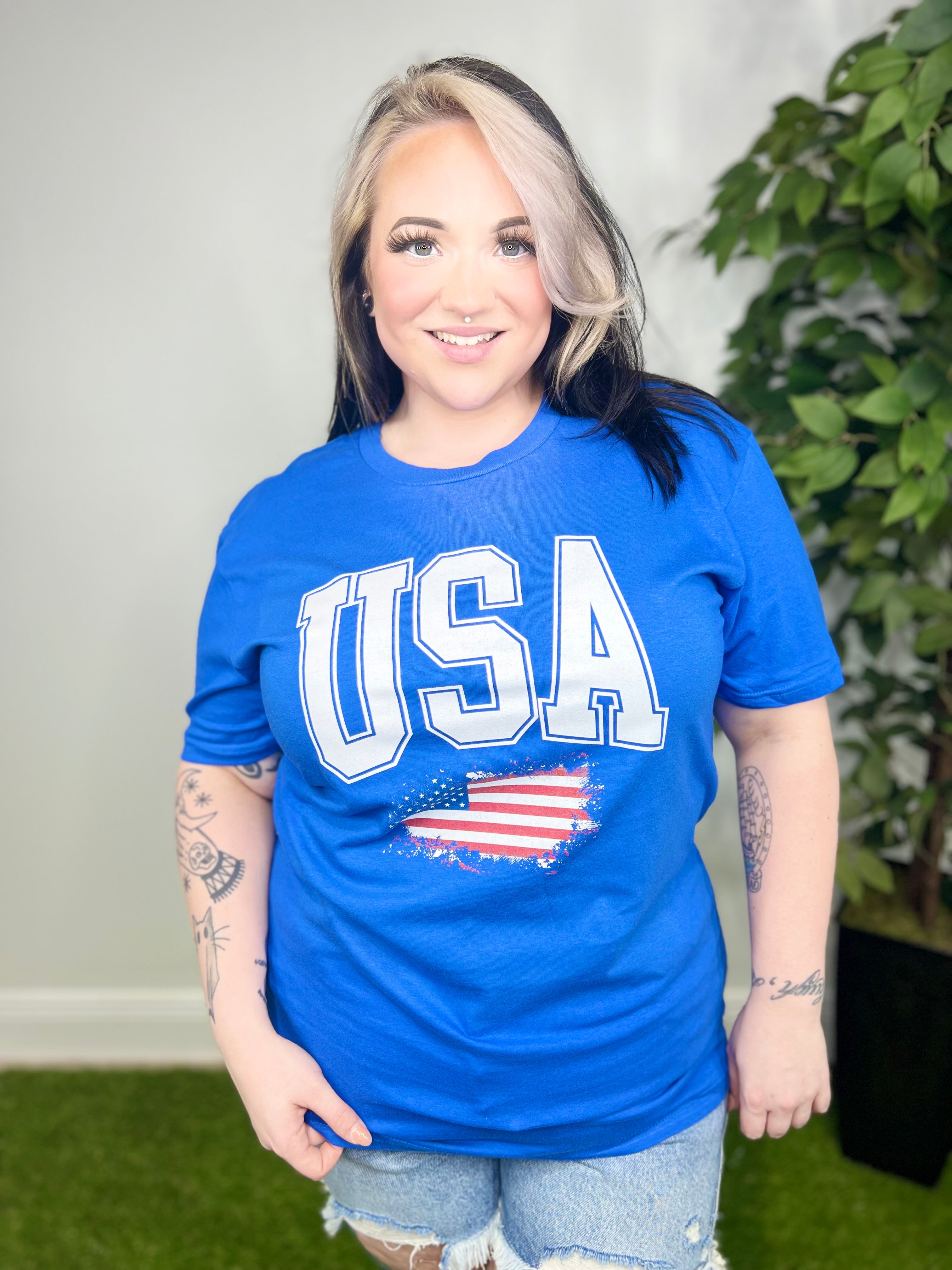 USA Peeking Flag Graphic Tee-130 Graphic Tees-Heathered Boho-Heathered Boho Boutique, Women's Fashion and Accessories in Palmetto, FL