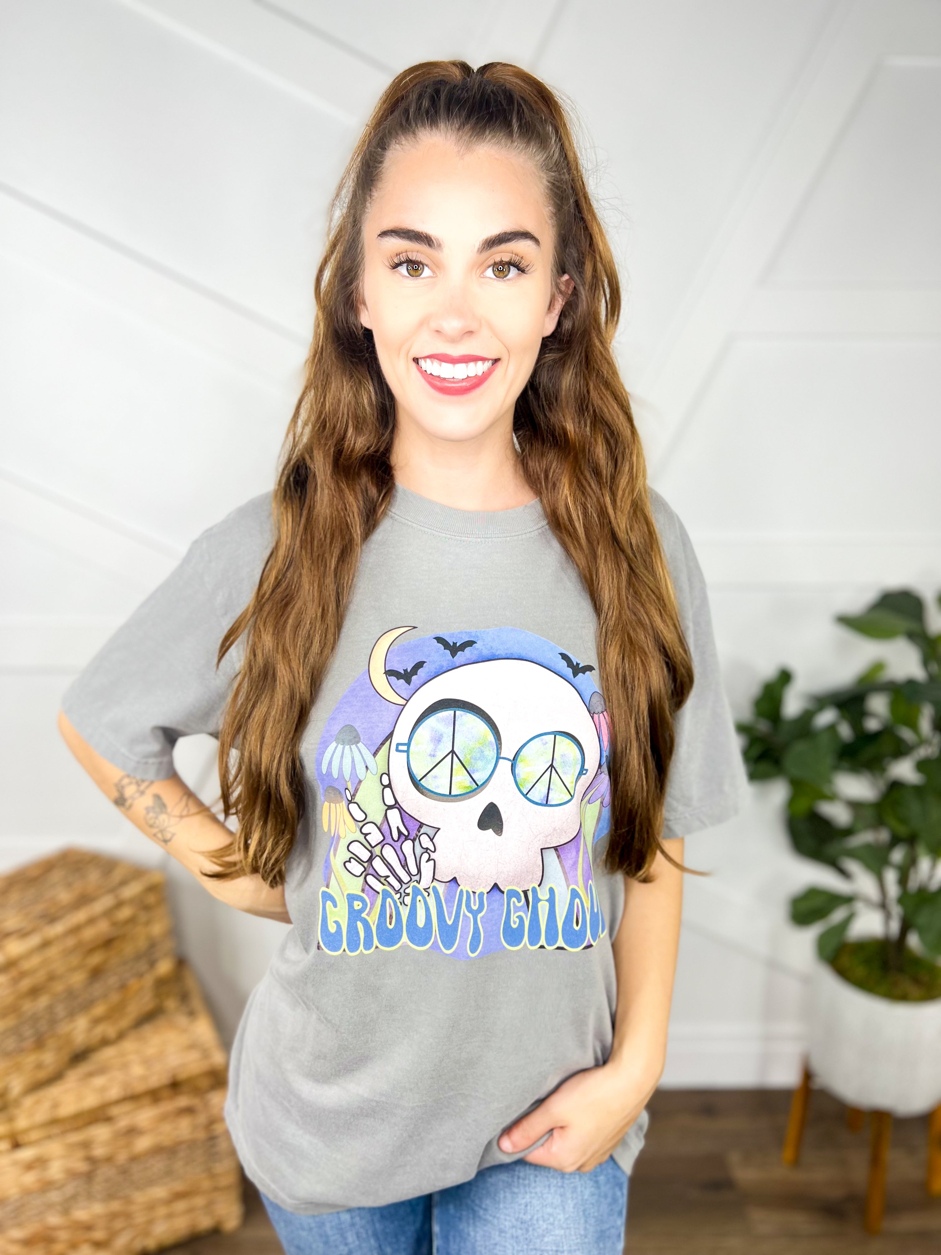 Groovy Ghoul Graphic Tee-130 Graphic Tees-Heathered Boho-Heathered Boho Boutique, Women's Fashion and Accessories in Palmetto, FL